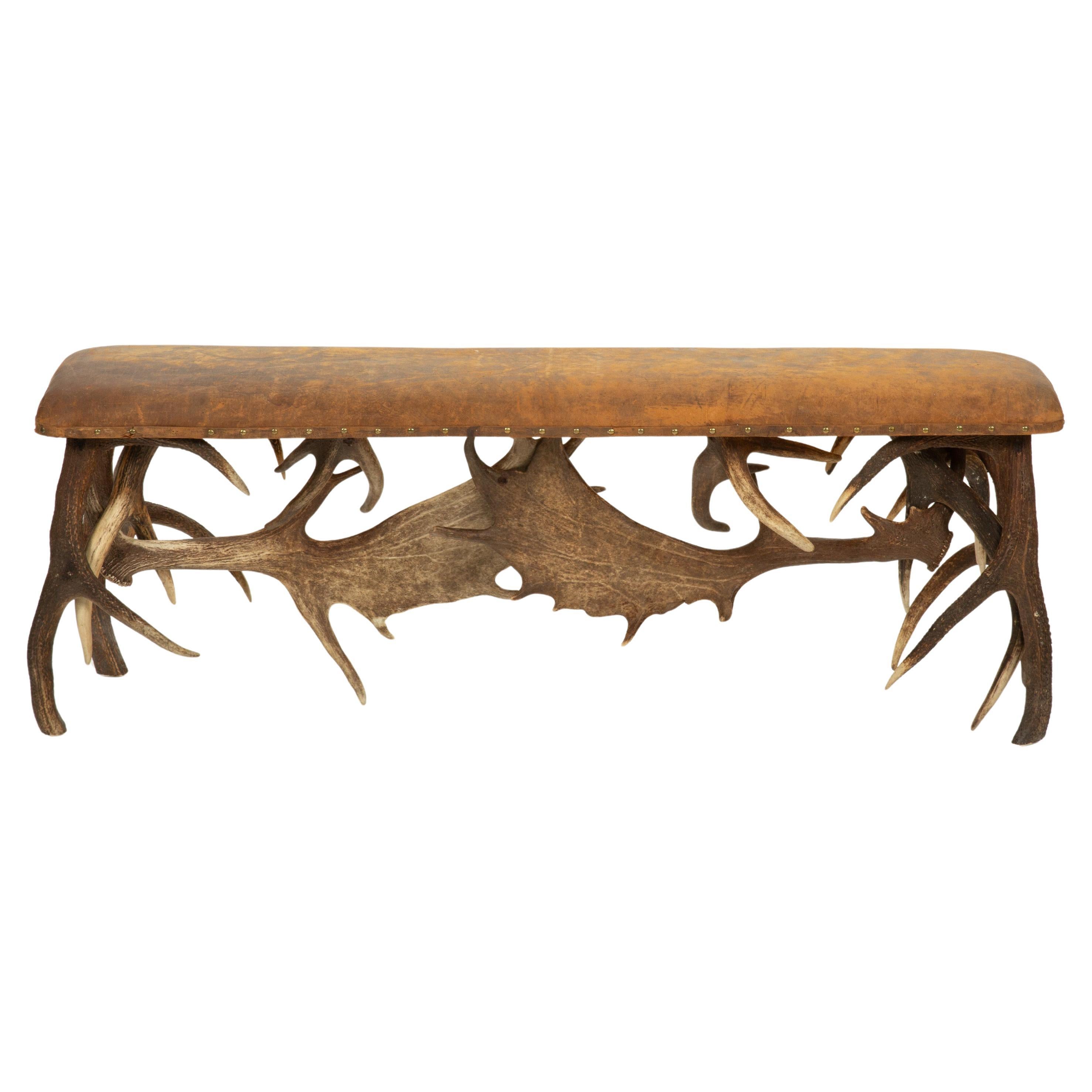 Cabin Chic: Antler Bench with Leather Seat For Sale