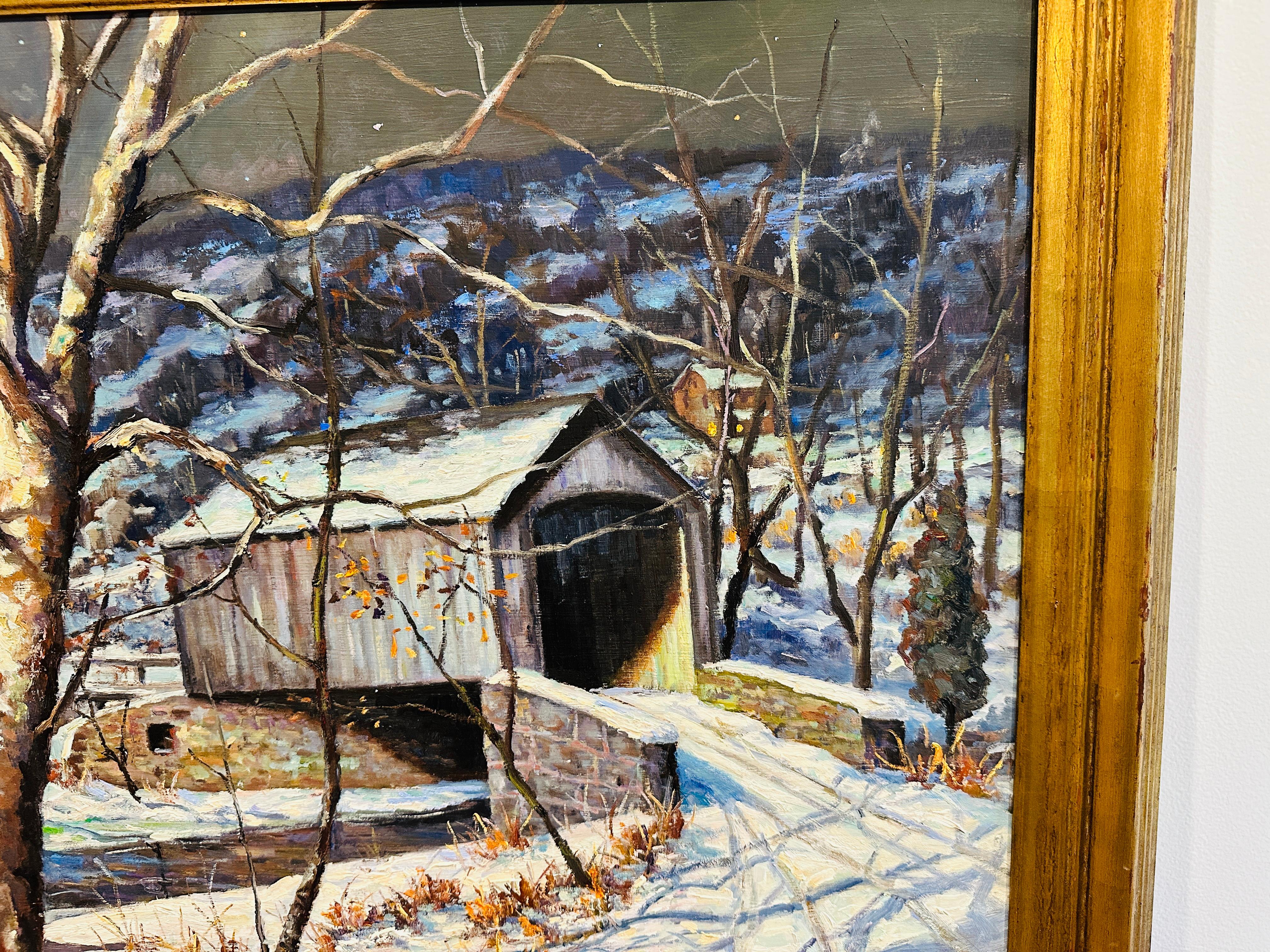 Cabin Run Covered Bridge Condado de Bucks Pensilvania Pintura al óleo impresionista clásico estadounidense en venta