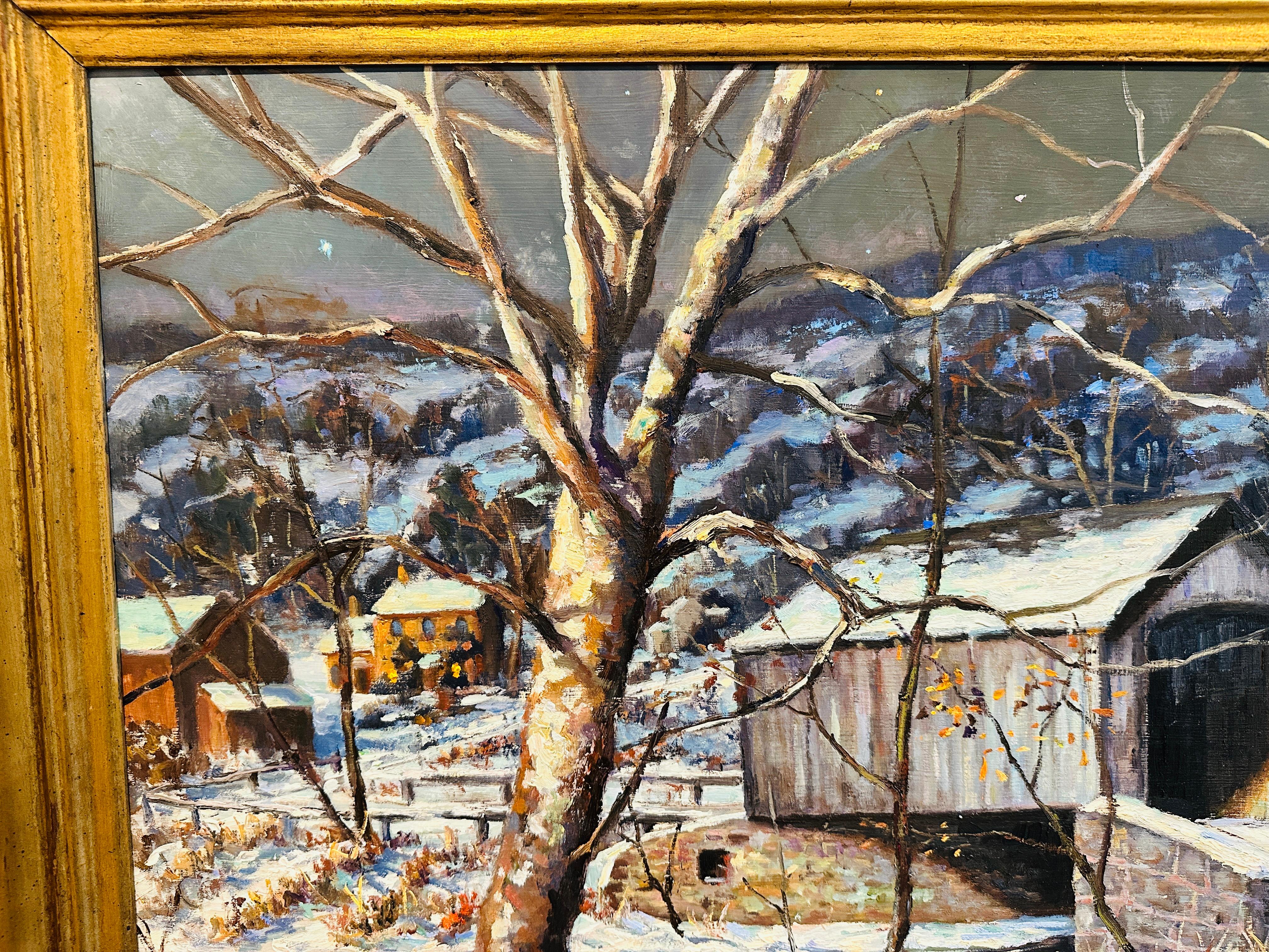Cabin Run Covered Bridge Condado de Bucks Pensilvania Pintura al óleo impresionista en Excelente estado para la venta en Philadelphia, PA