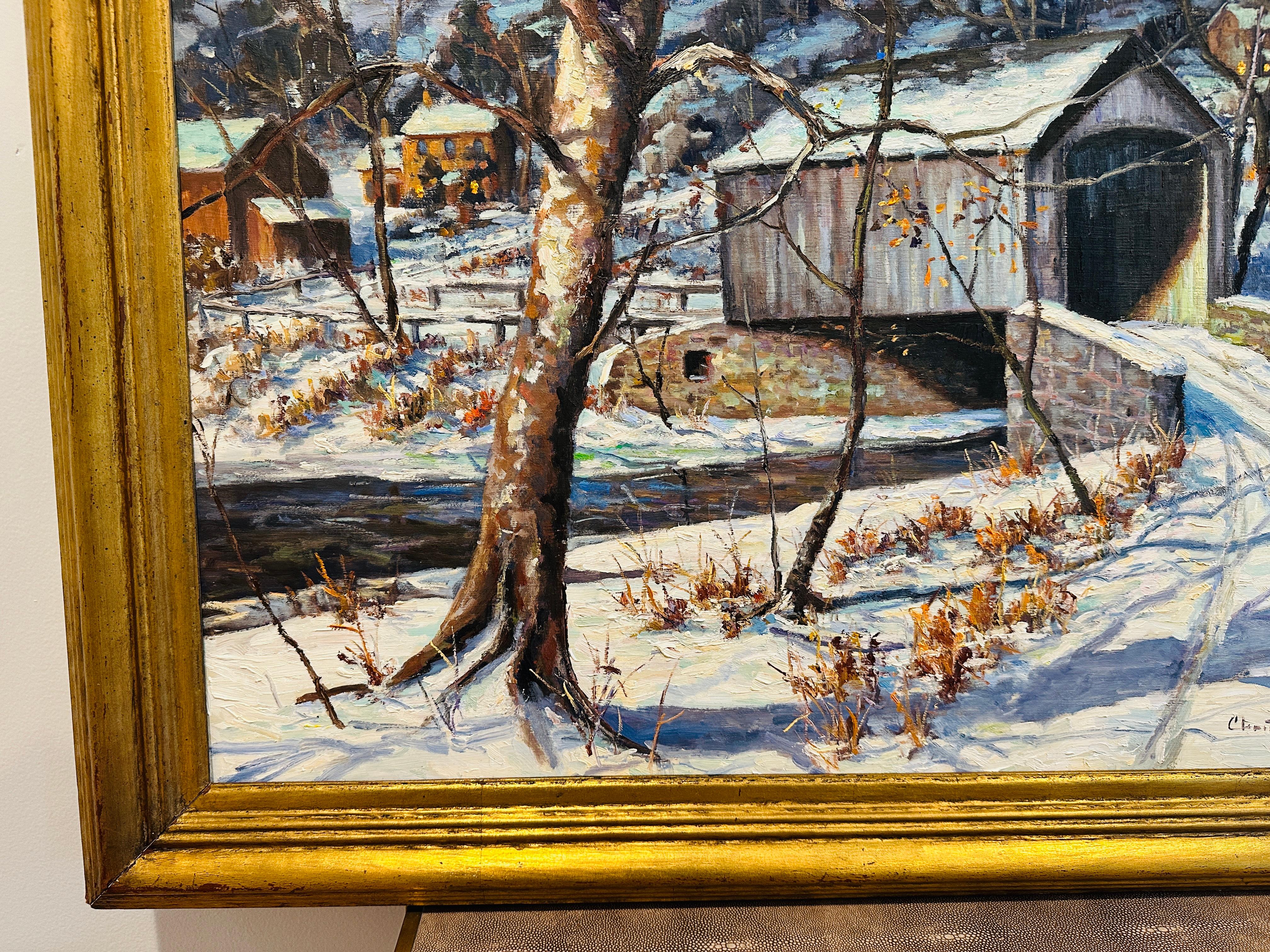 Cabin Run Covered Bridge Condado de Bucks Pensilvania Pintura al óleo impresionista siglo XX en venta