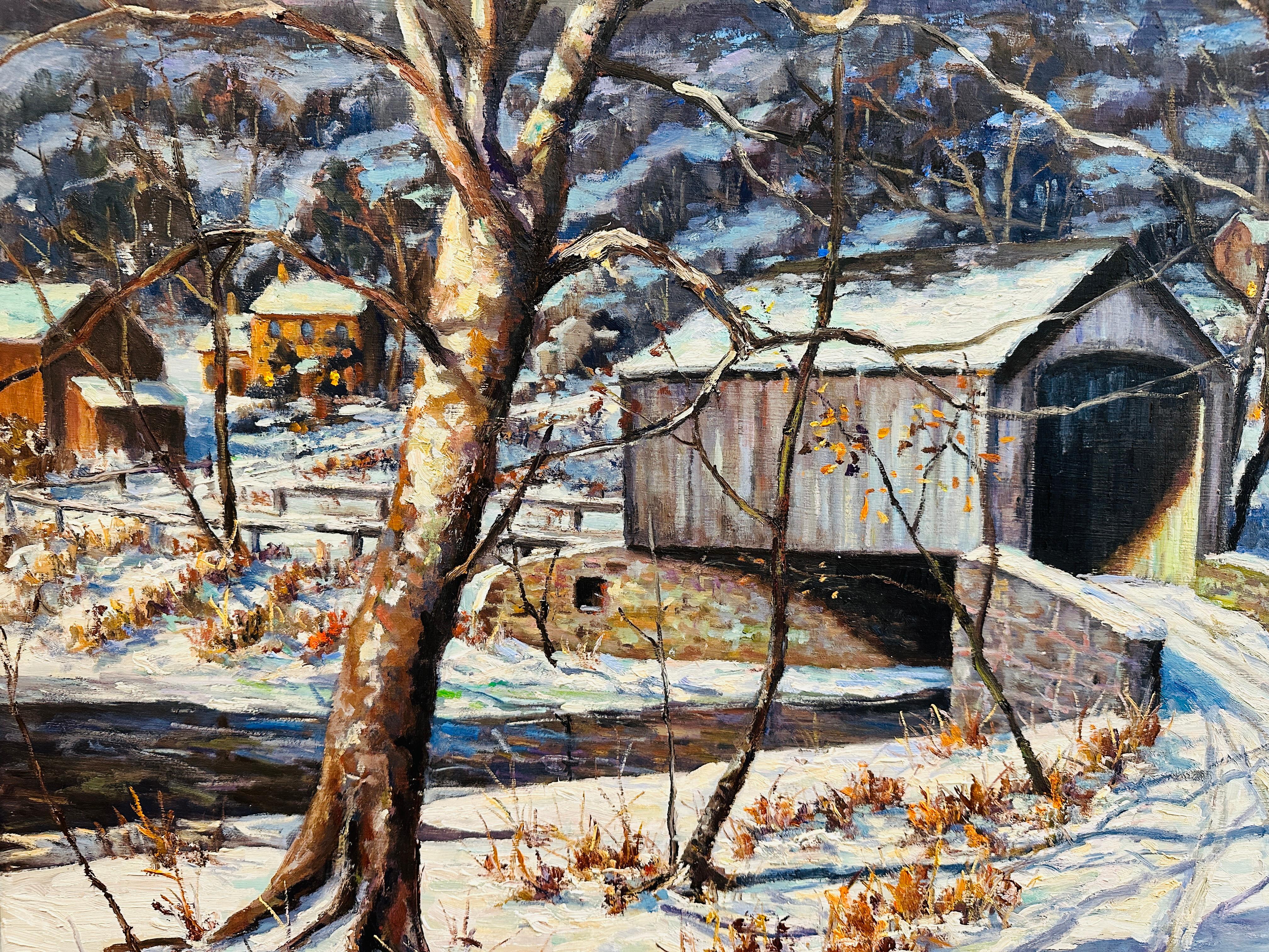 Cabin Run Covered Bridge Condado de Bucks Pensilvania Pintura al óleo impresionista Lienzo en venta