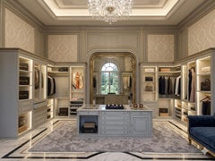 Classic Open Walk-in Closet in Light Blue/Pearl Gray Shades with Centra Island
