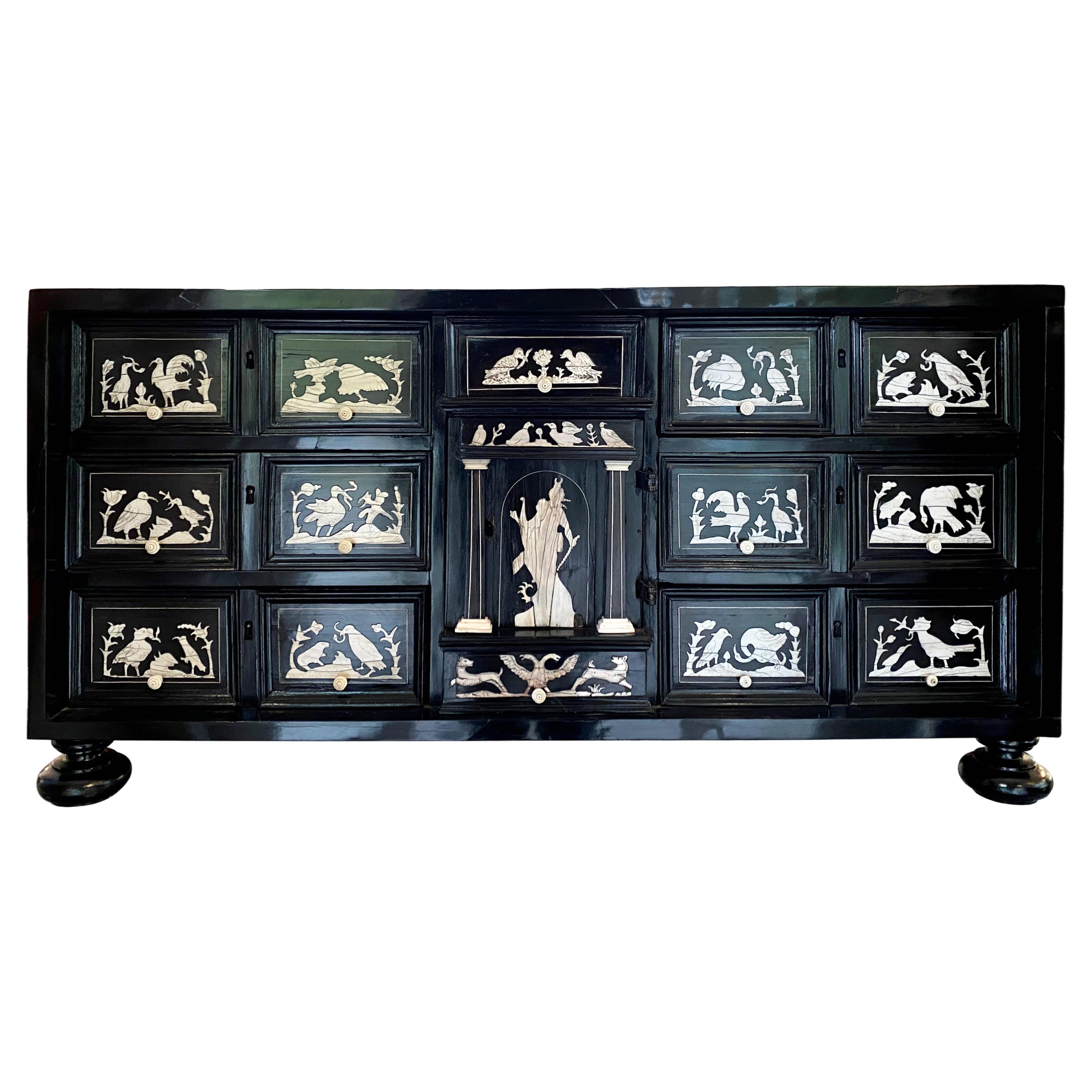 Cabinet 17th century from northern Italy, ebony veneer and ivory inlay For Sale