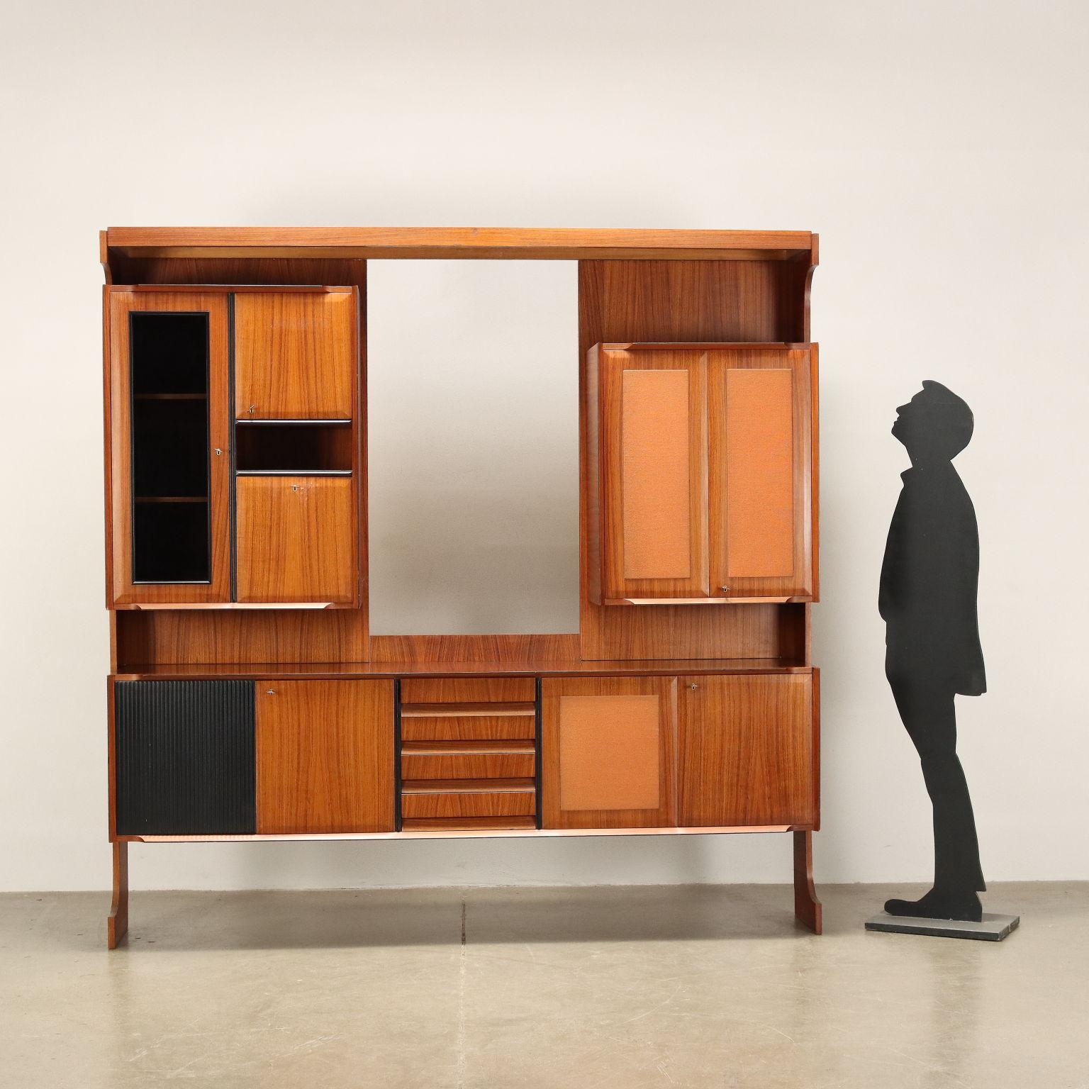 Cabinet with hinged doors and flap doors. Rosewood veneered wood, glass, panels covered in fabric and 