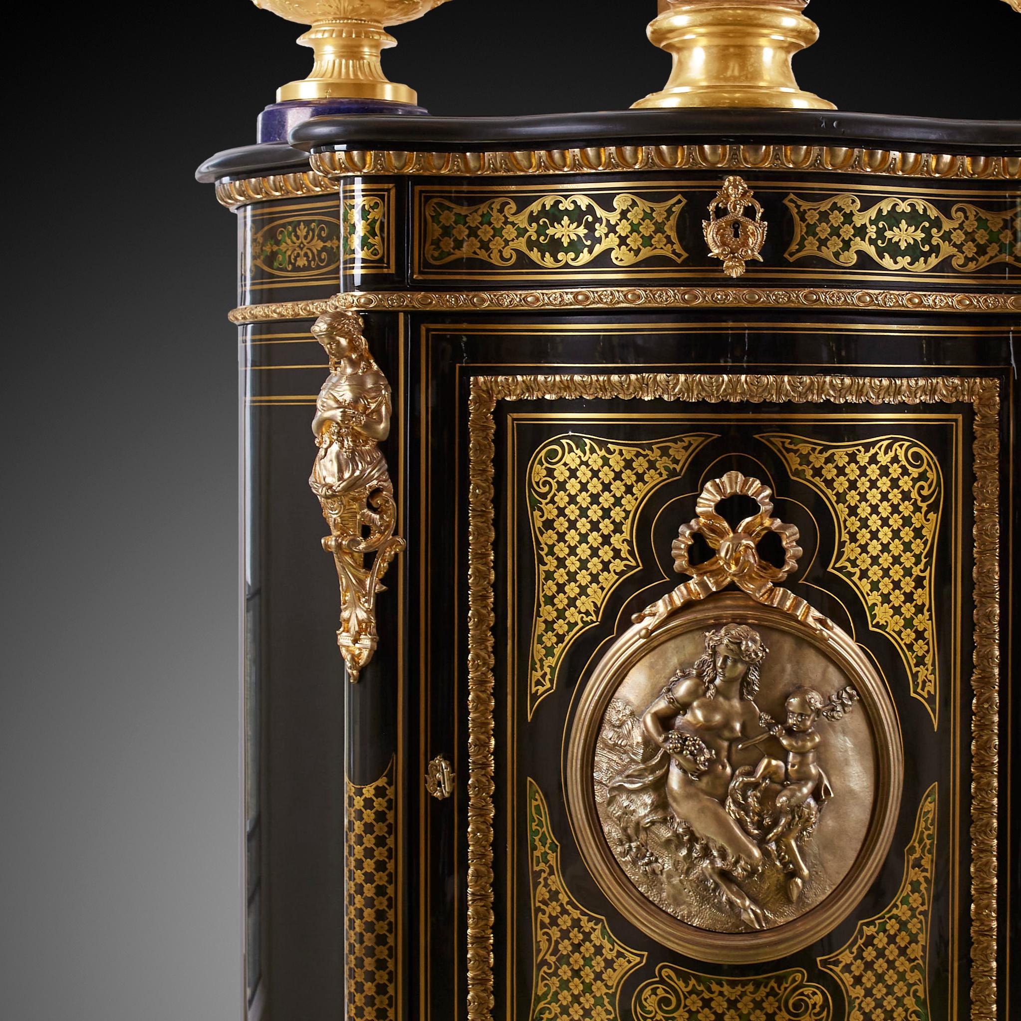 French antique Boulle cabinet.
Wood is decorated with inlaid brass and turtle, bronze details outside.
Inside the cabinet there are two shelves.
Cabinet top is marble.
Perfect condition, renovated according to the museum's procedures.