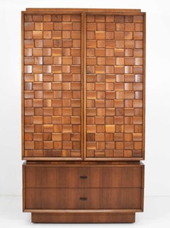 Cabinet and Chest of Drawers in Walnut with Woven Sculpted Front, Dated 1977