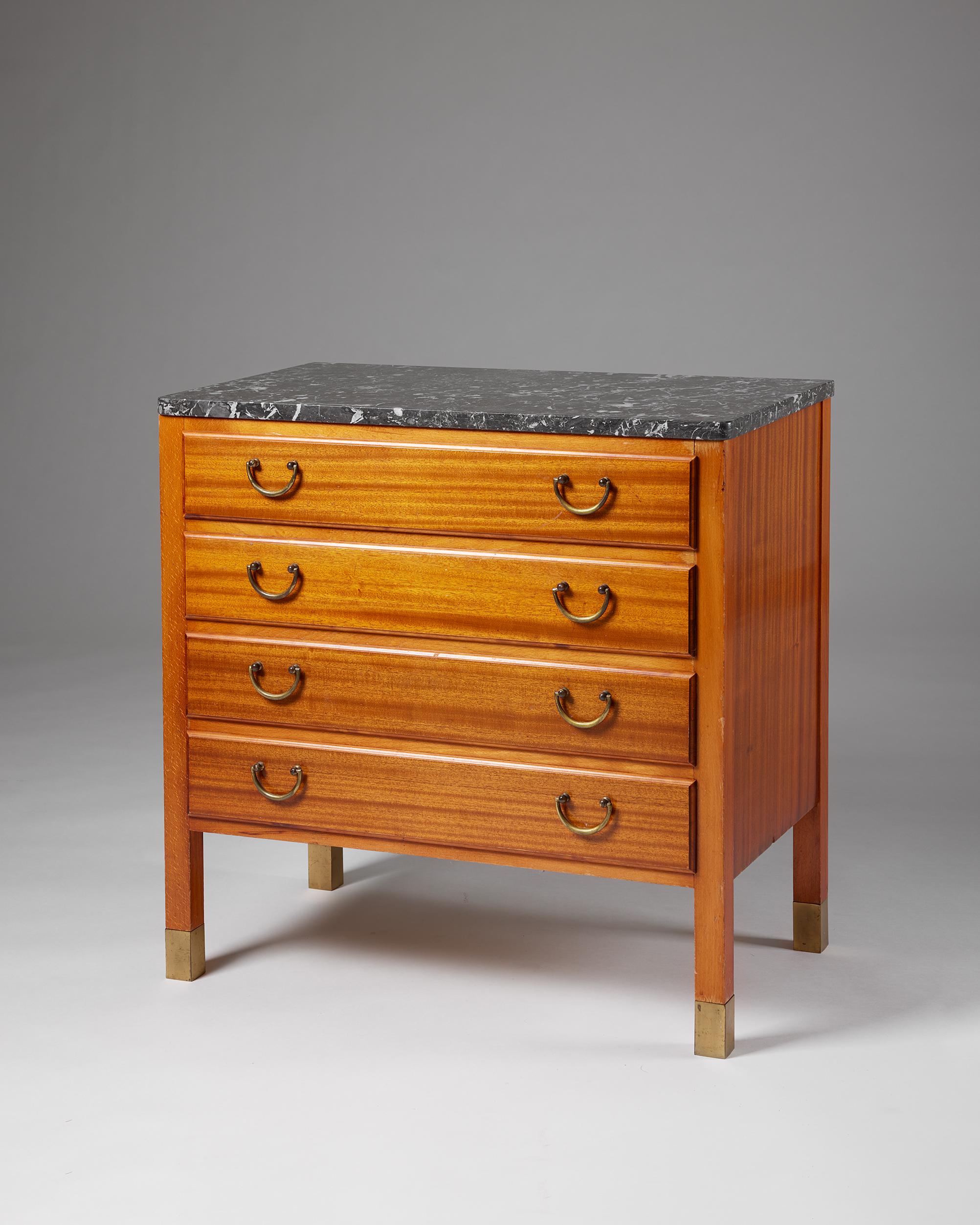 Mid-Century Modern Cabinet, Anonymous, Mahogany and Beech, Marble Top, Brass Hardware, Sweden 1940s For Sale