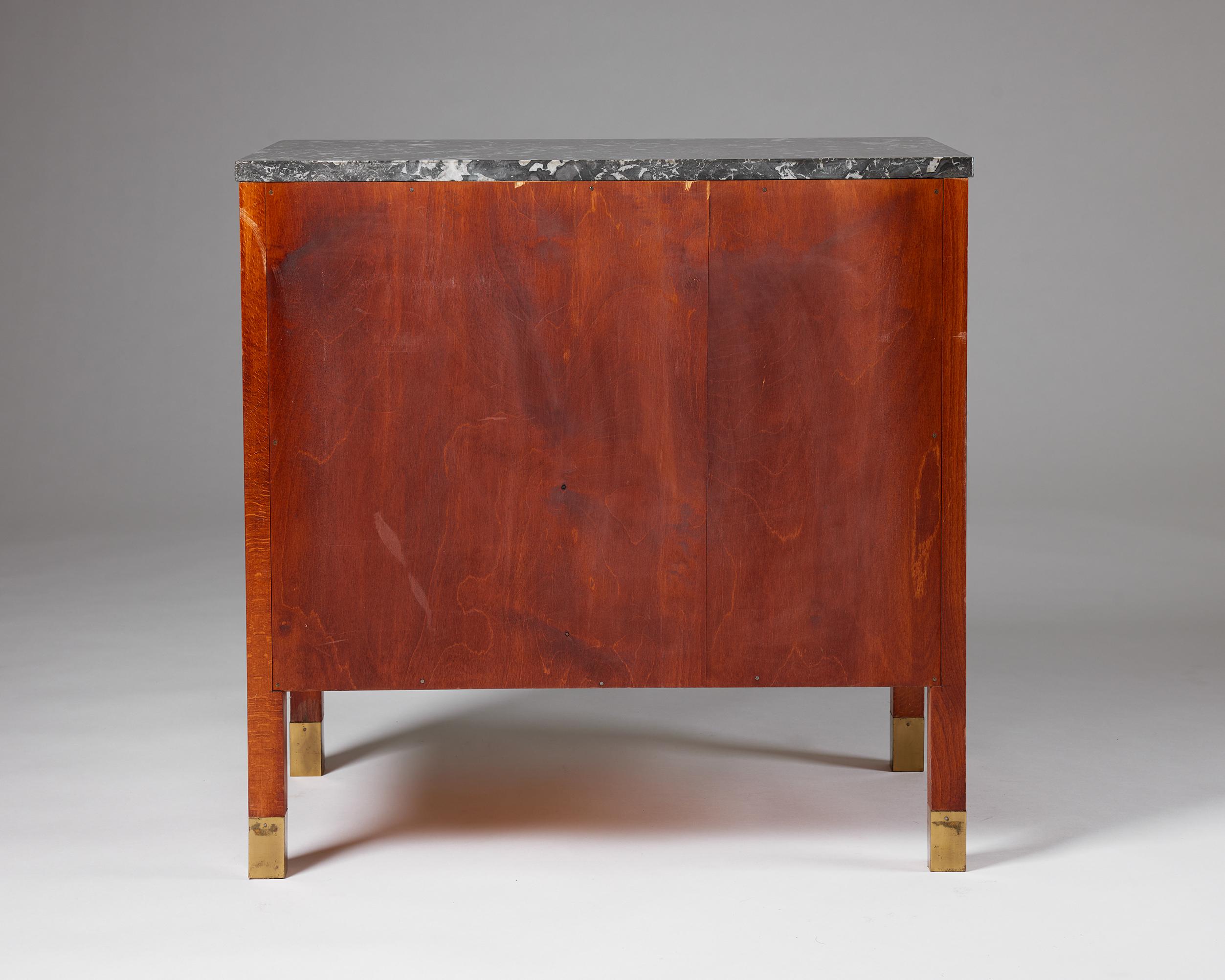 Mid-20th Century Cabinet, Anonymous, Mahogany and Beech, Marble Top, Brass Hardware, Sweden 1940s For Sale
