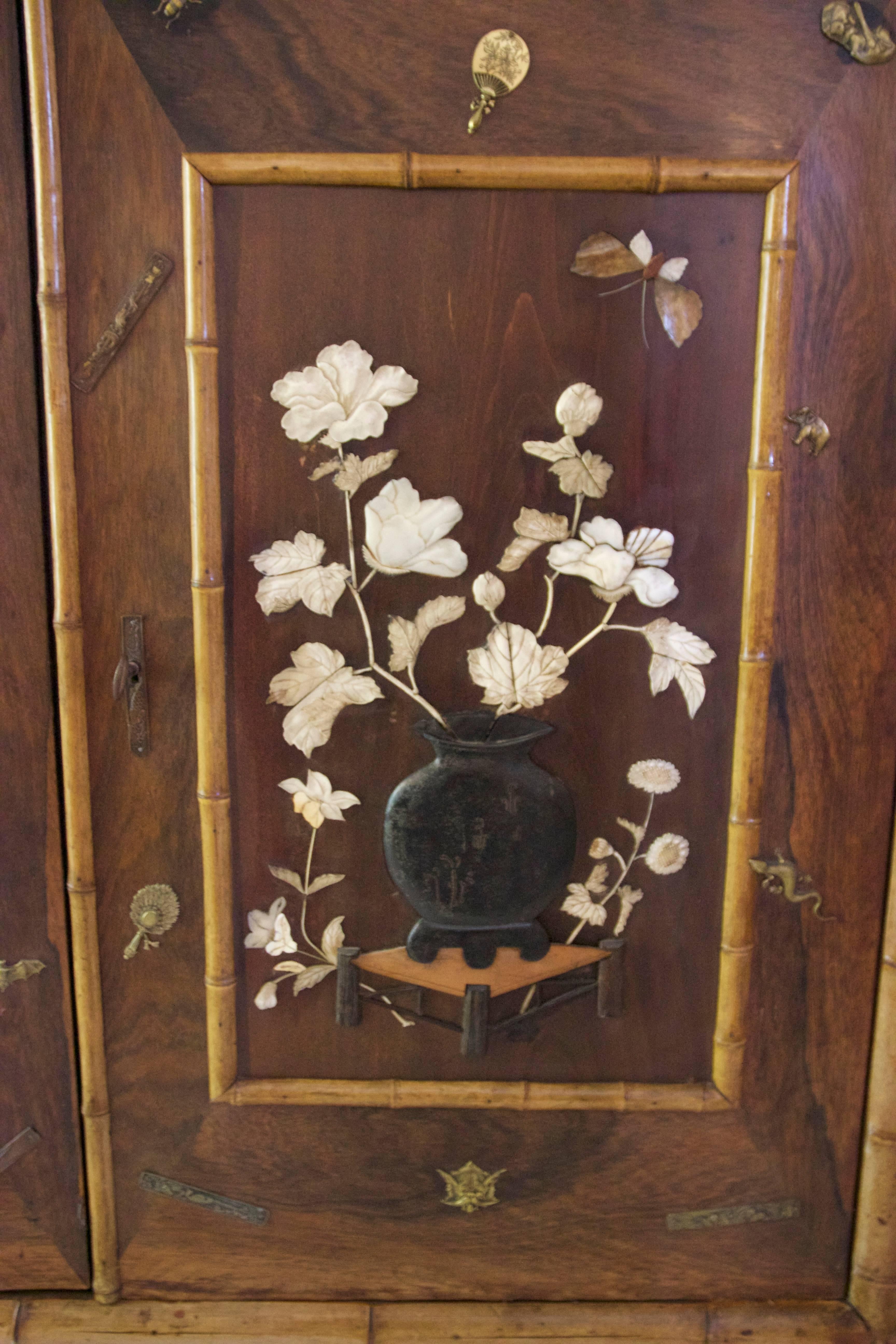 Mid-Century Modern Cabinet Bamboo, Lacquer, Mother-of-Pearl Inlays and Bronze Subjects, circa 1900
