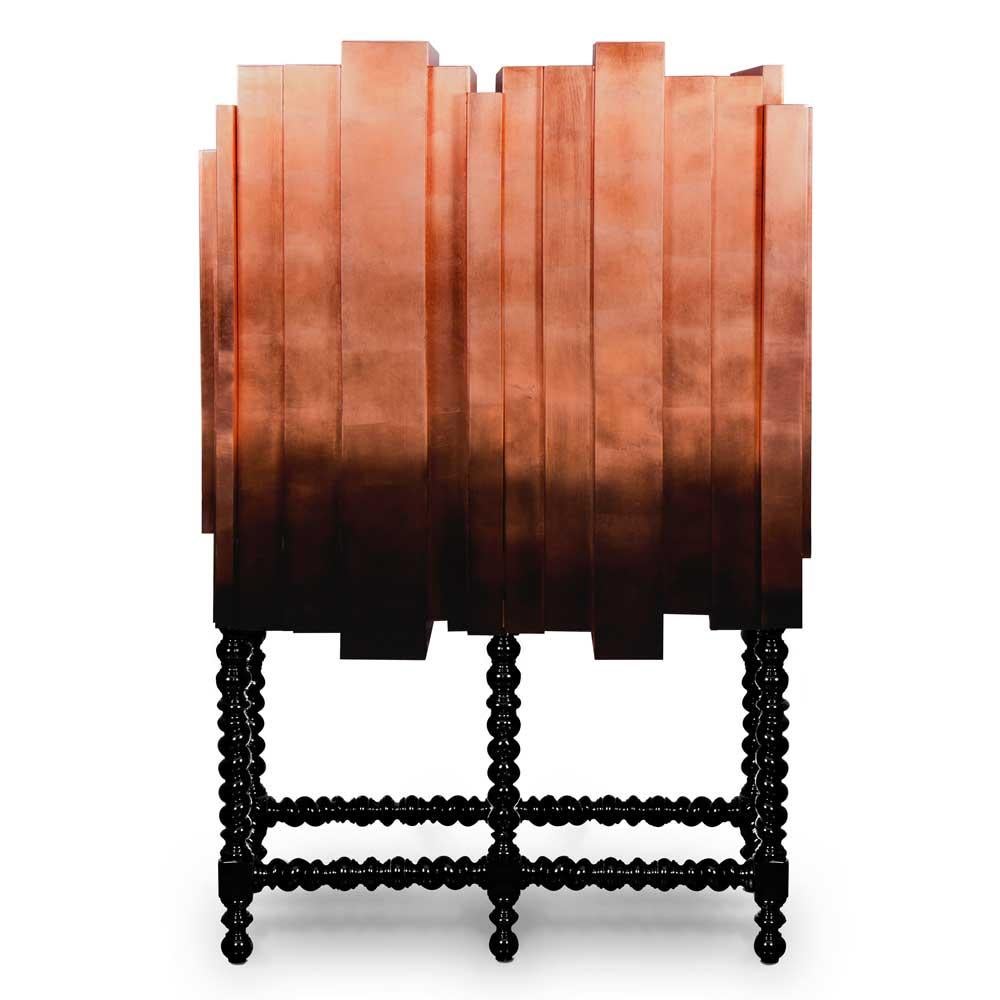 Moderne Meuble de rangement, bar, acajou massif, placage de feuilles de cuivre, laque en vente