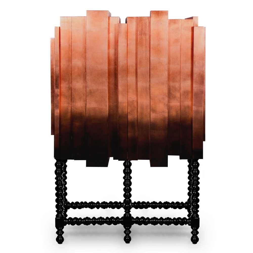 Modern Cabinet, Bar, Solid Mahogany, Copper Leaf Veneer, Lacquer For Sale