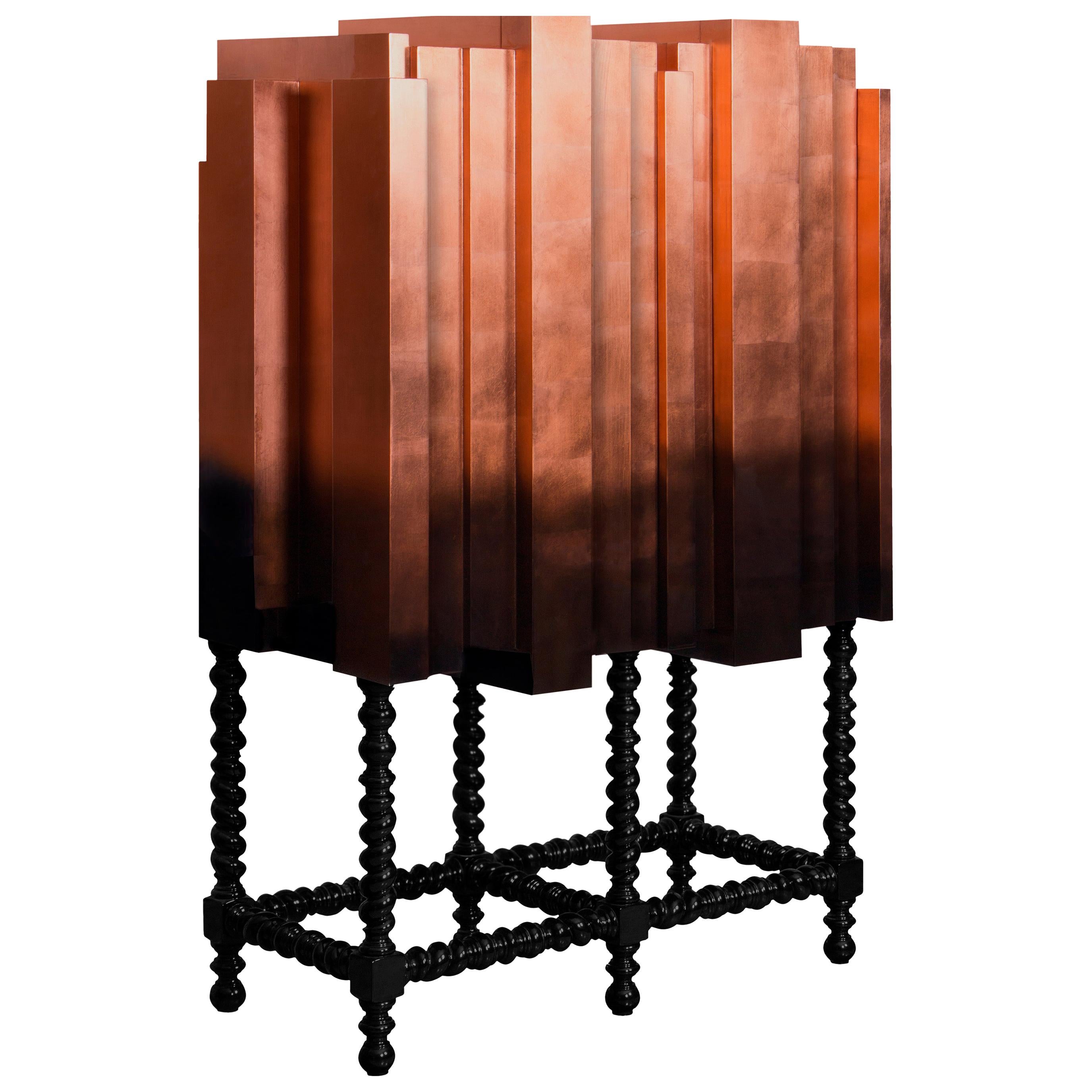 Cabinet, Bar, Solid Mahogany, Copper Leaf Veneer, Lacquer For Sale