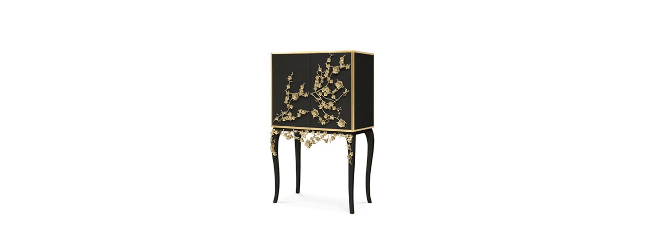 Brass Cabinet-Bar with Flowers For Sale