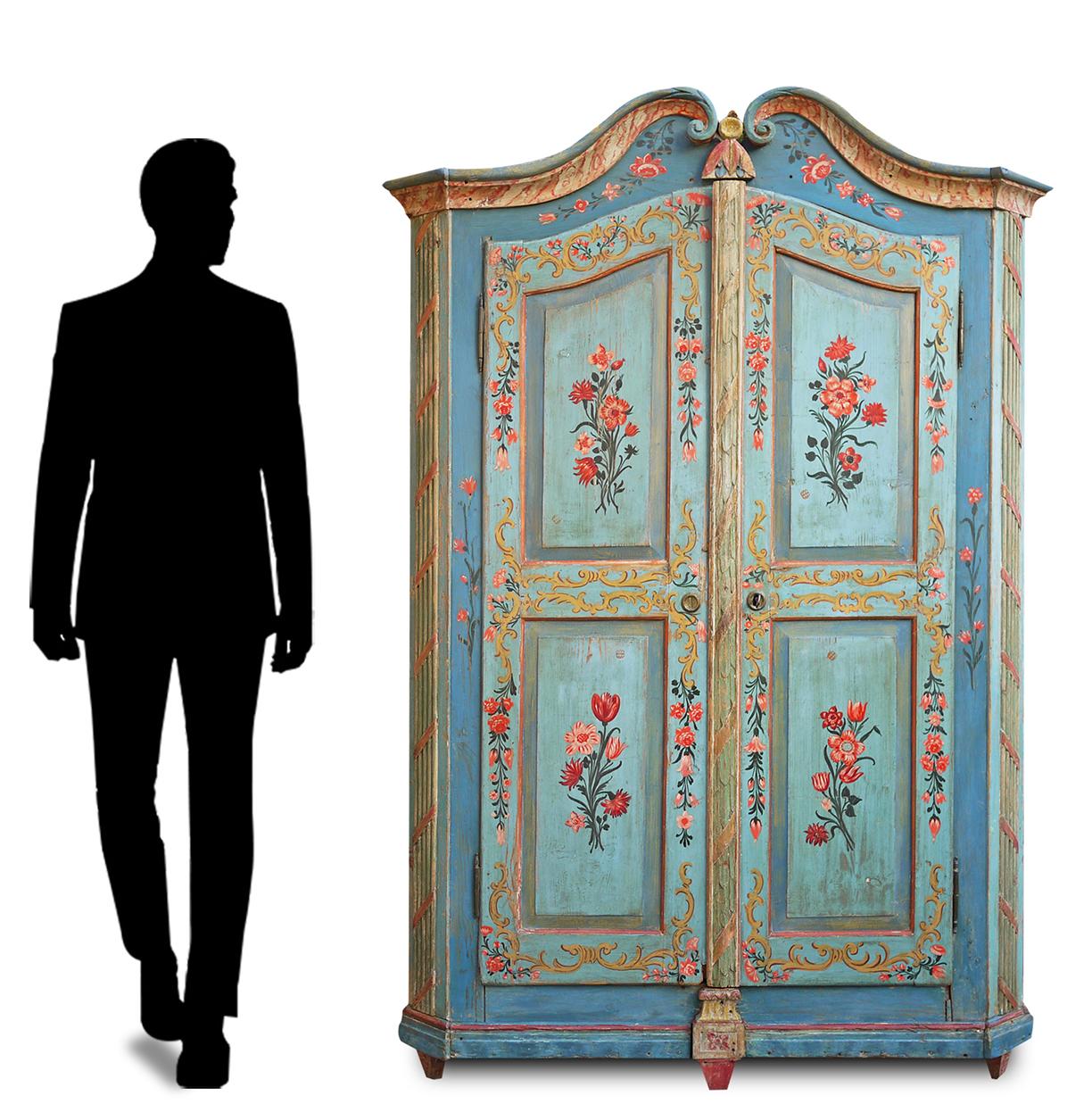 Cabinet, Blue Floral Painted Wardrobe, Early 19th Century, Central Europe 3