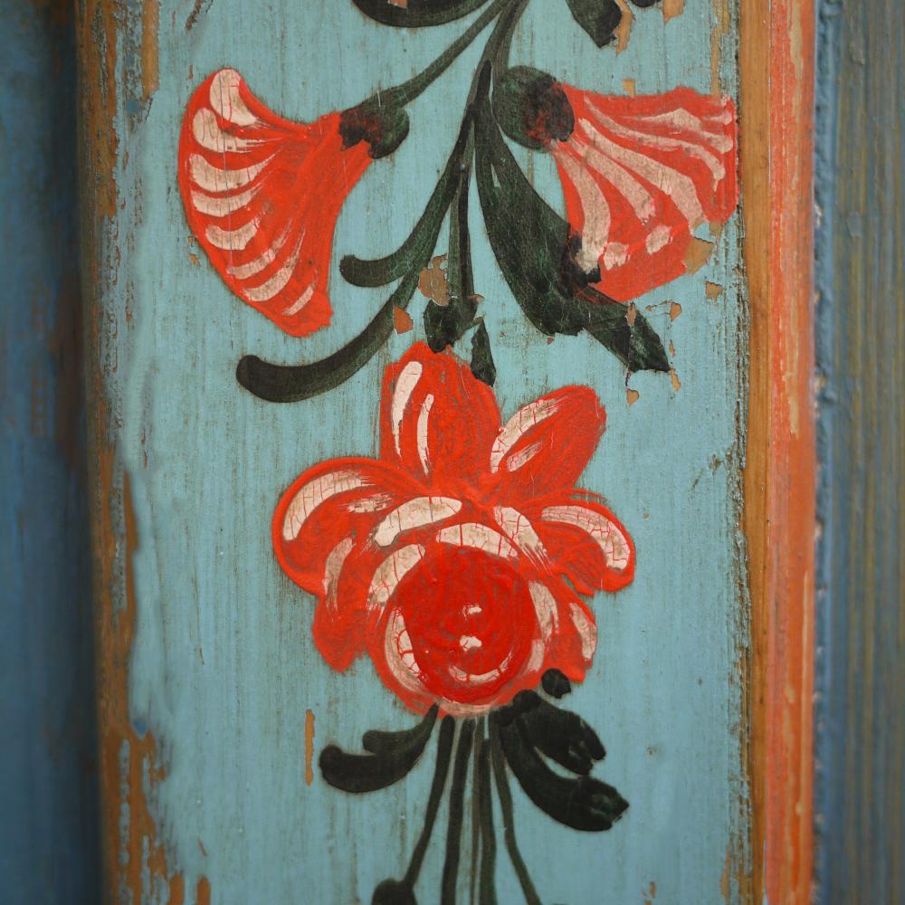 Hand-Painted Cabinet, Blue Floral Painted Wardrobe, Early 19th Century, Central Europe