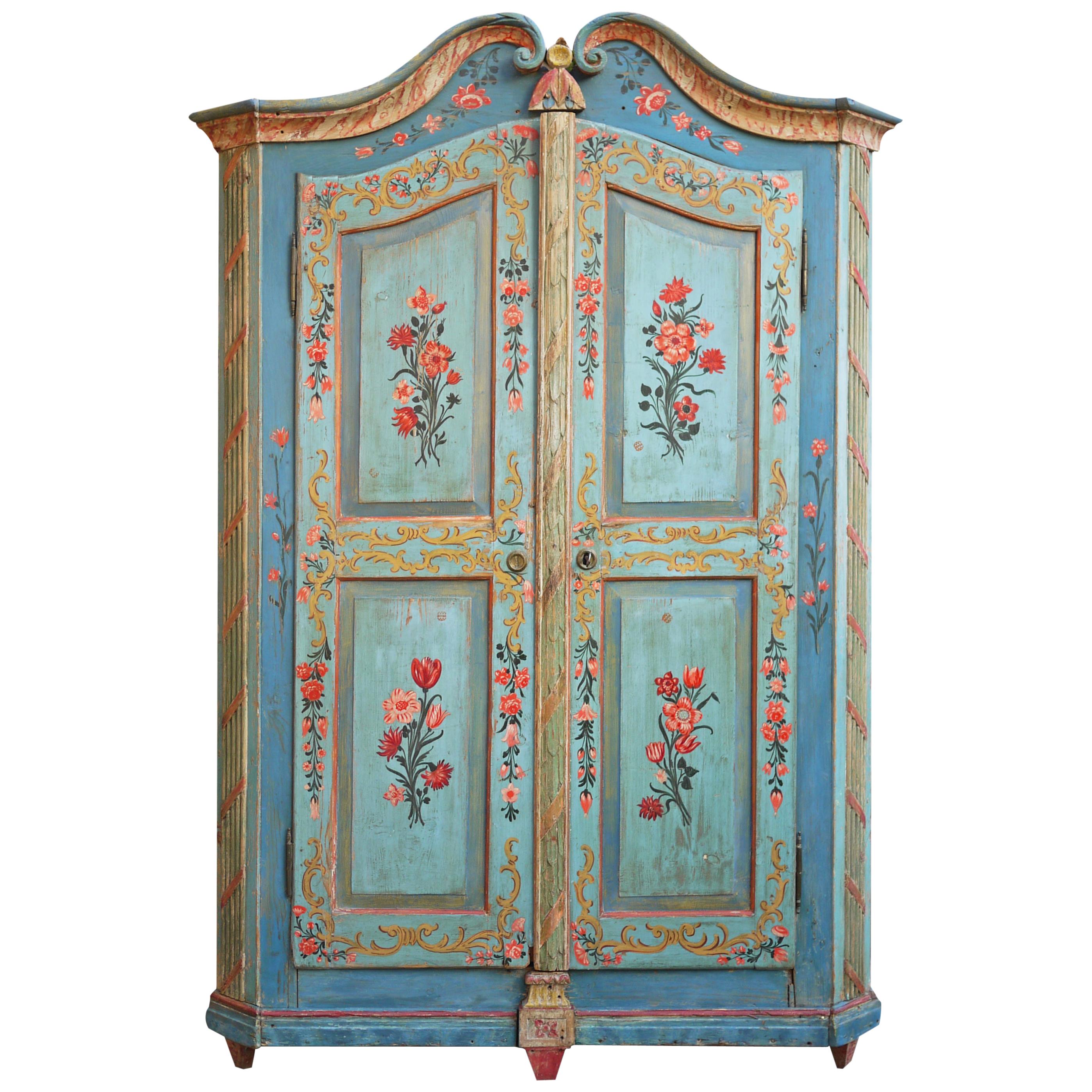 Cabinet, Blue Floral Painted Wardrobe, Early 19th Century, Central Europe