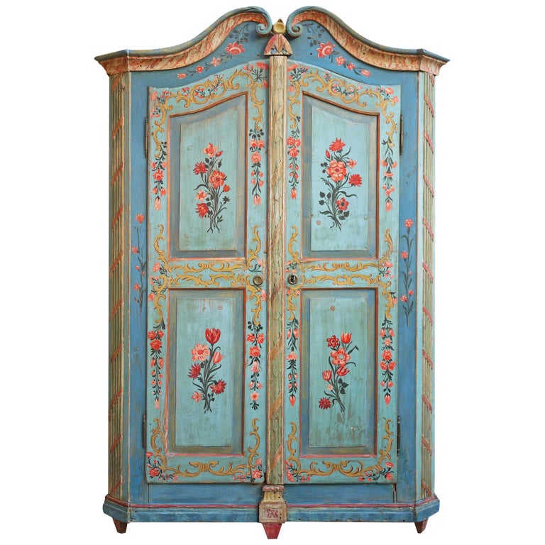 Blue Floral Painted Wardrobe, Early 19th Century, Central