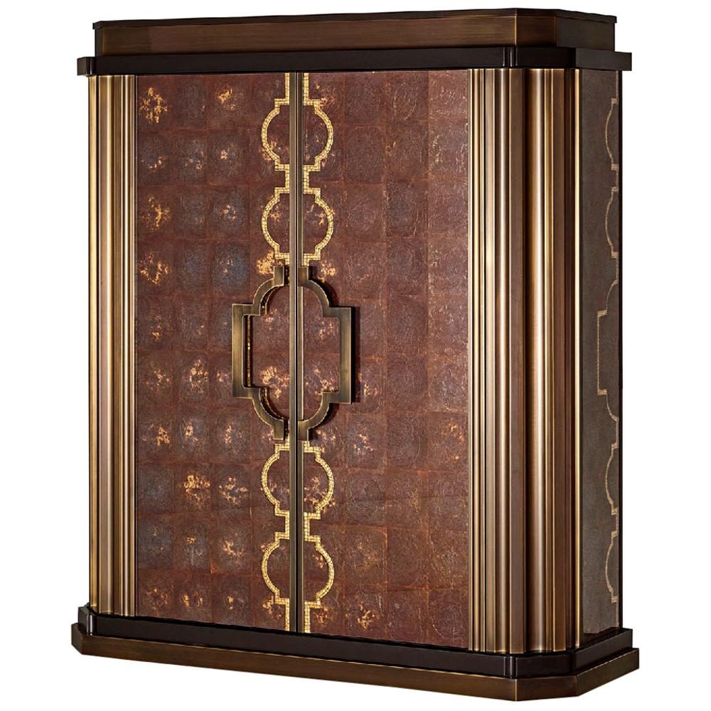Cabinet Bronze Leaf Glass Drawers Decorated Tiny Mosaic Gold Mosaic Dec on Doors
