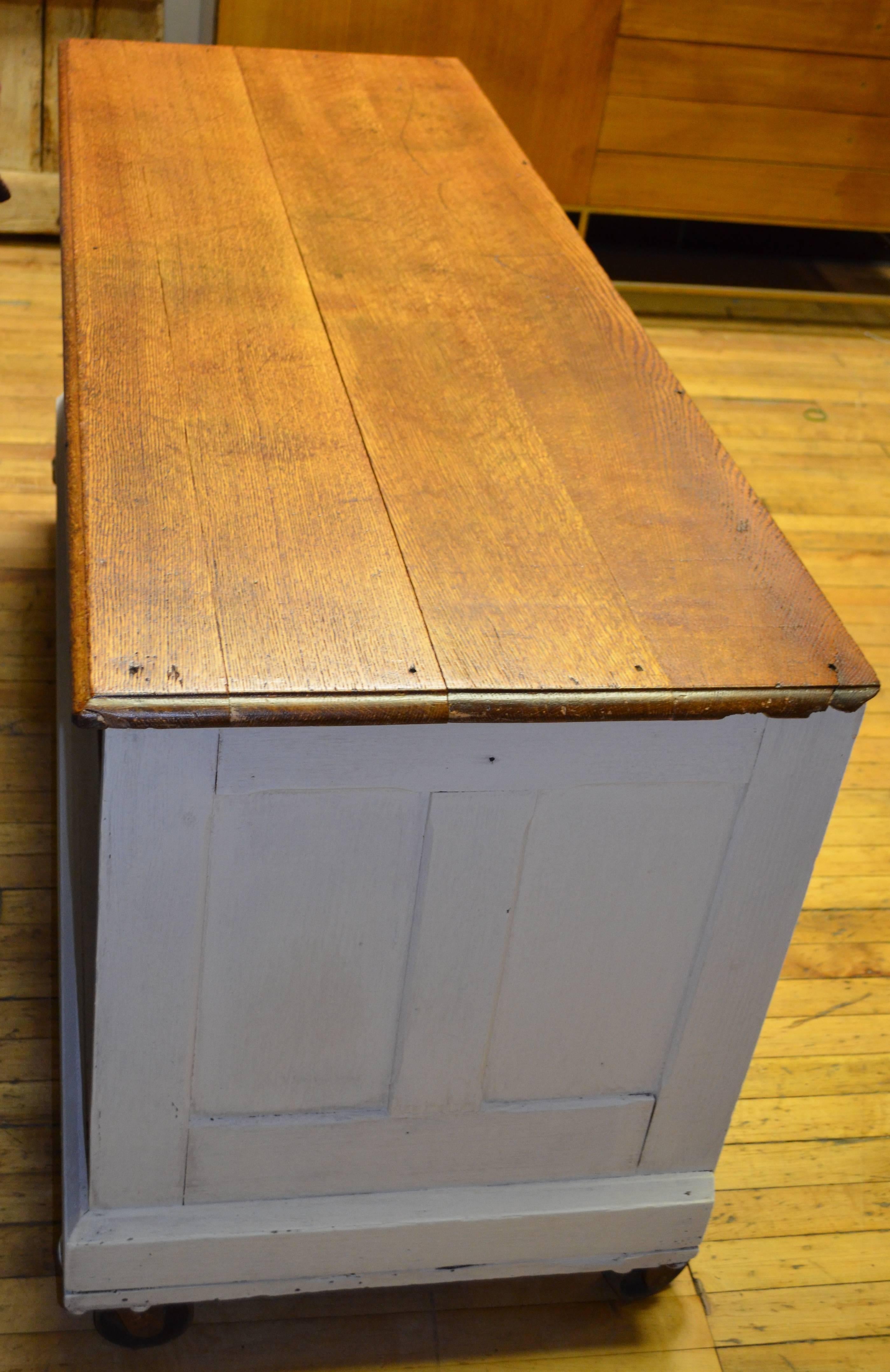 Cabinet / Counter of Quarter Sawn Oak; Industrial Wheels with White Milk Paint In Good Condition In Madison, WI