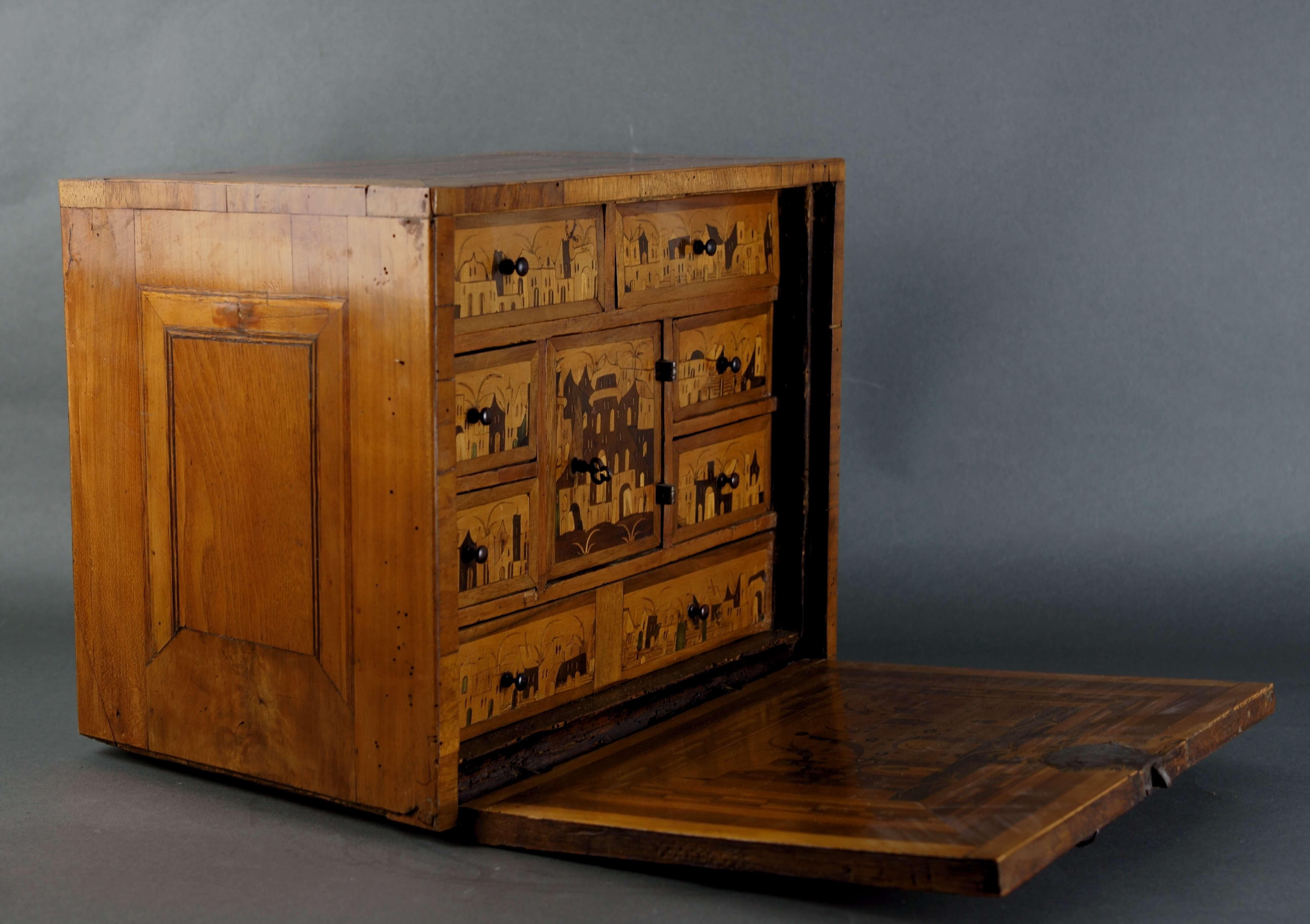 Augsburgo Gabinete Siglo XVII Alta Edad Incrustación Wunderkammer Hierro Grabado Barroco en venta