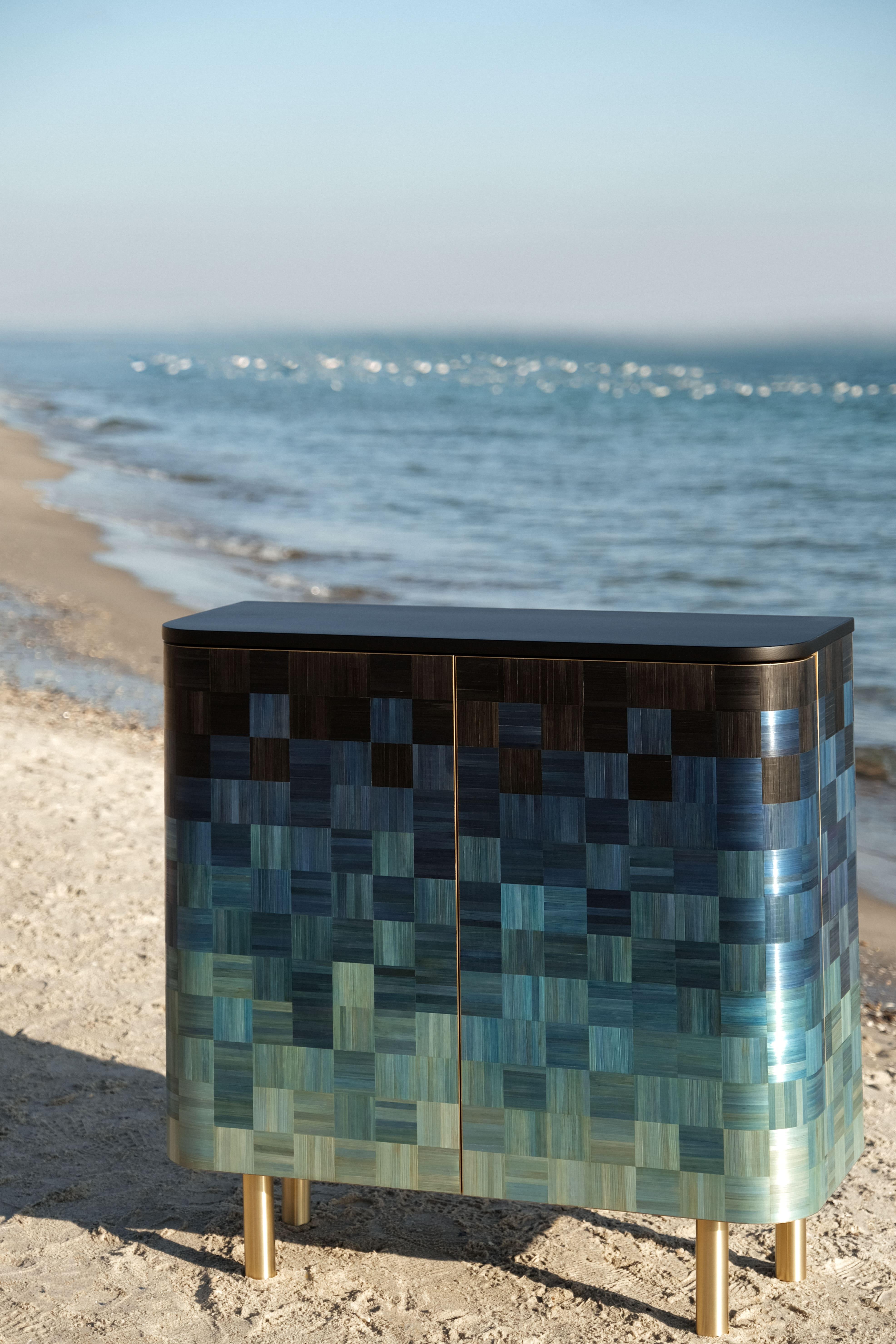 Arts and Crafts Armoire Dresser Paille Incrustation Contemporary Ukrainian Blue Wood Ruda en vente