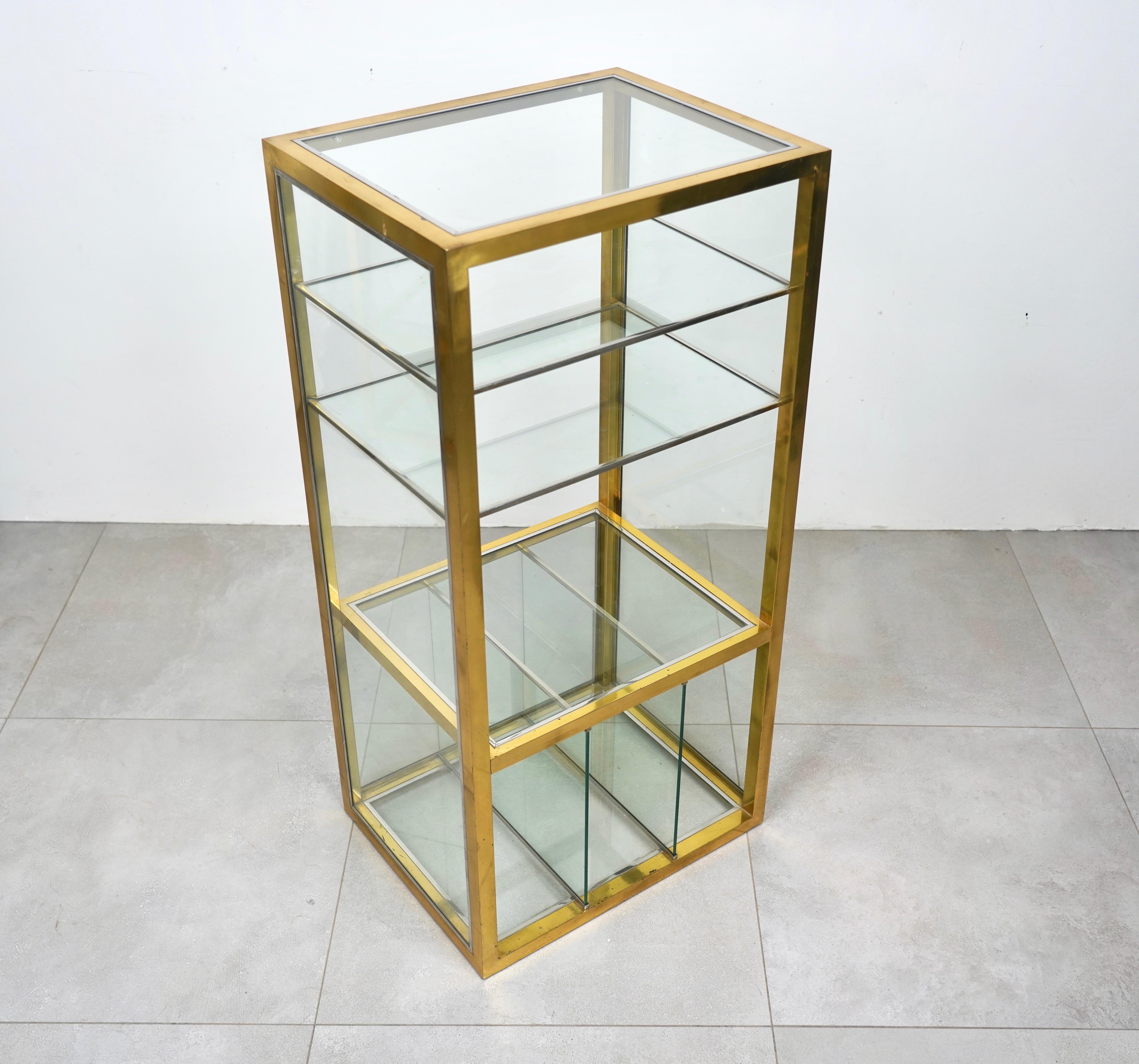 Mid-Century Modern Cabinet Etageres Brass, Chrome and Glass Renato Levi Style, Italy, 1970s For Sale