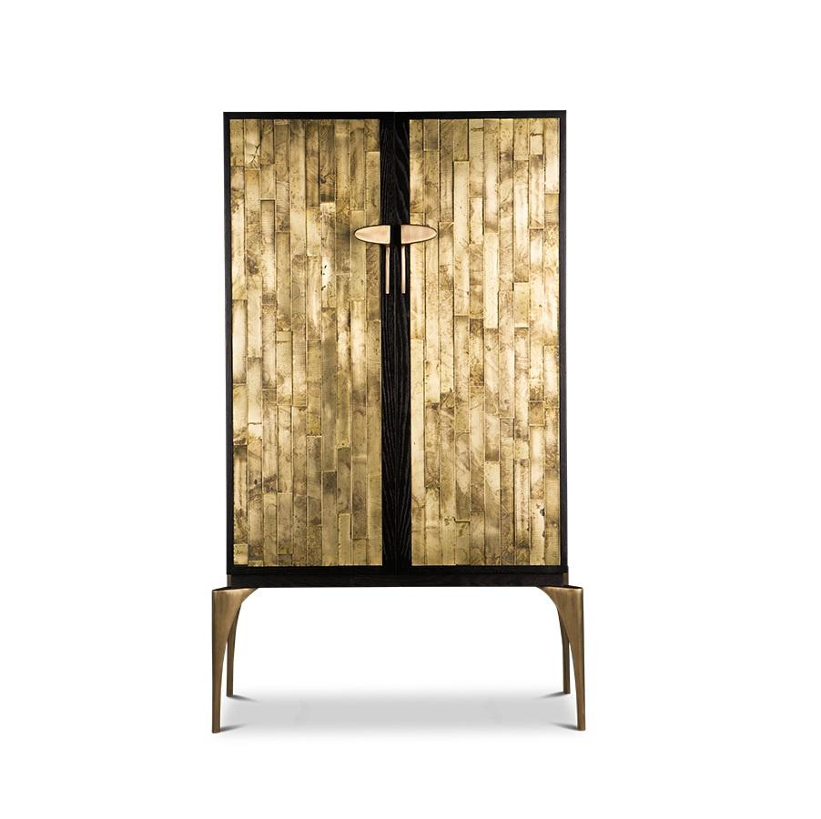 Hollywood Regency Cabinet Featuring Layered Brass Door Facades For Sale