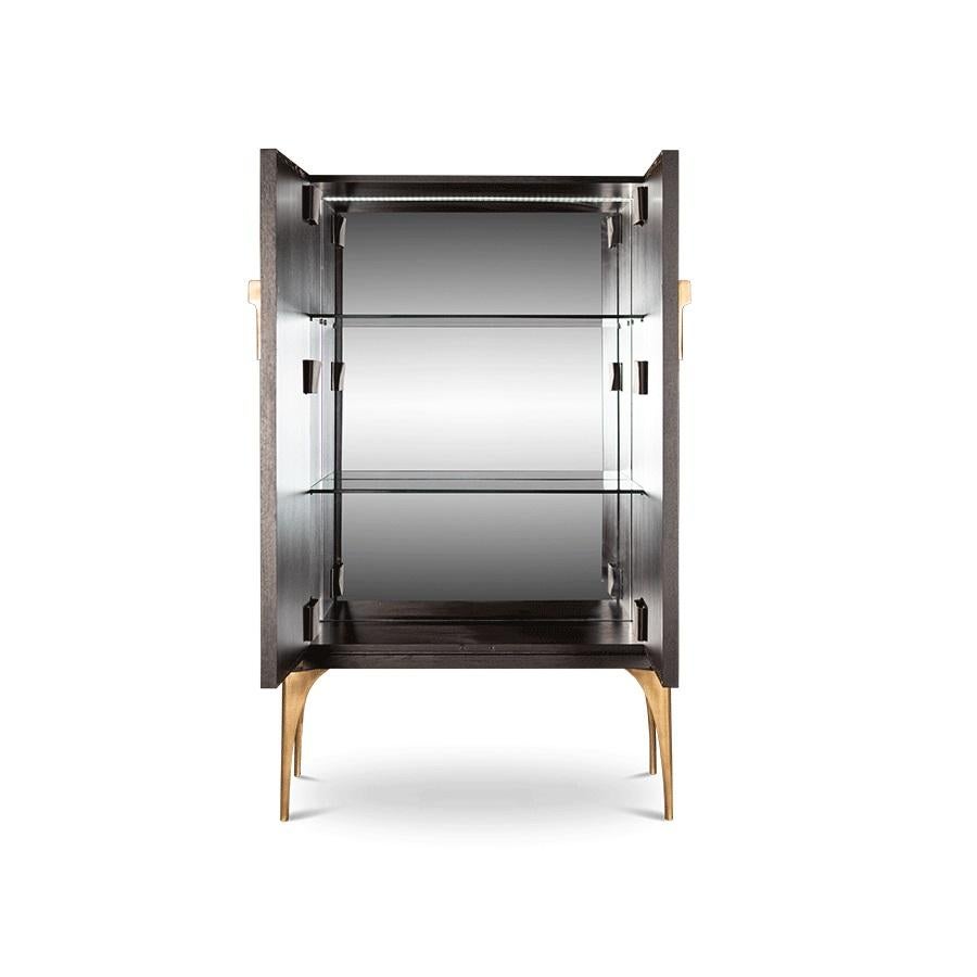 Contemporary Cabinet Featuring Layered Brass Door Facades For Sale