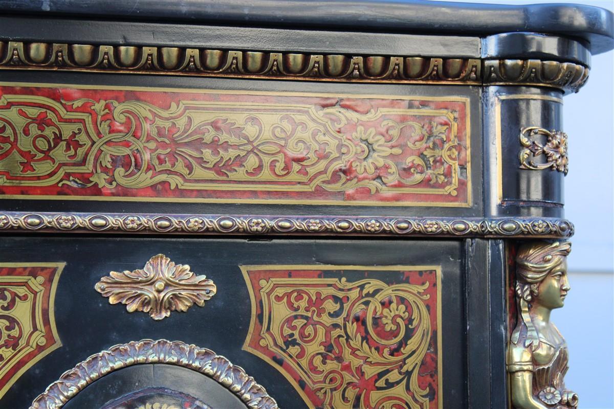 Brass Cabinet French Napoleon III black marble and inlays André-Charles Boulle For Sale