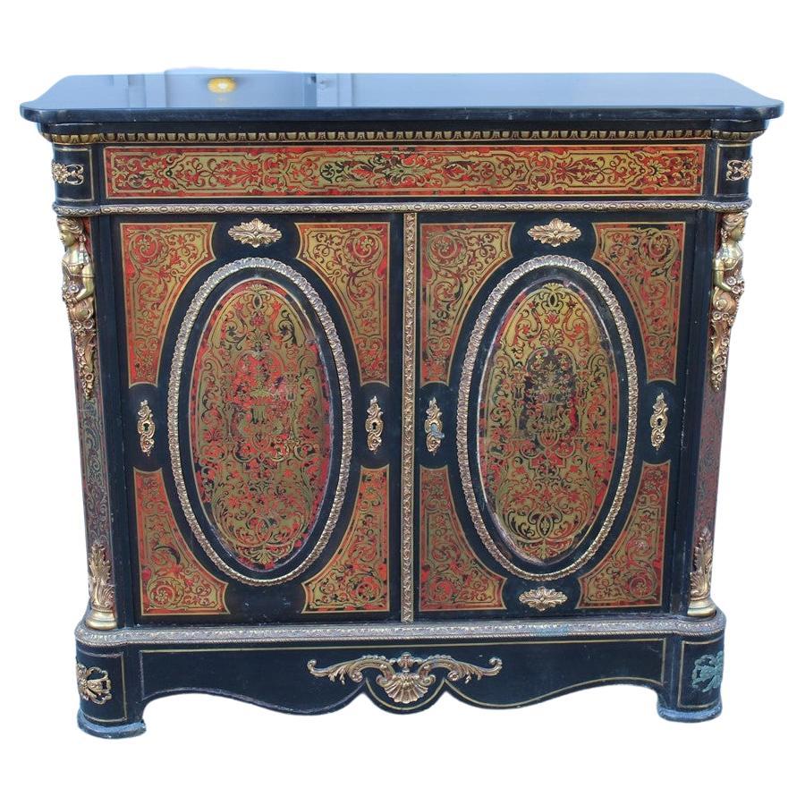 Cabinet French Napoleon III black marble and inlays André-Charles Boulle