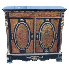 Antique Cabinet French Napoleon III black marble and inlays André-Charles Boulle
