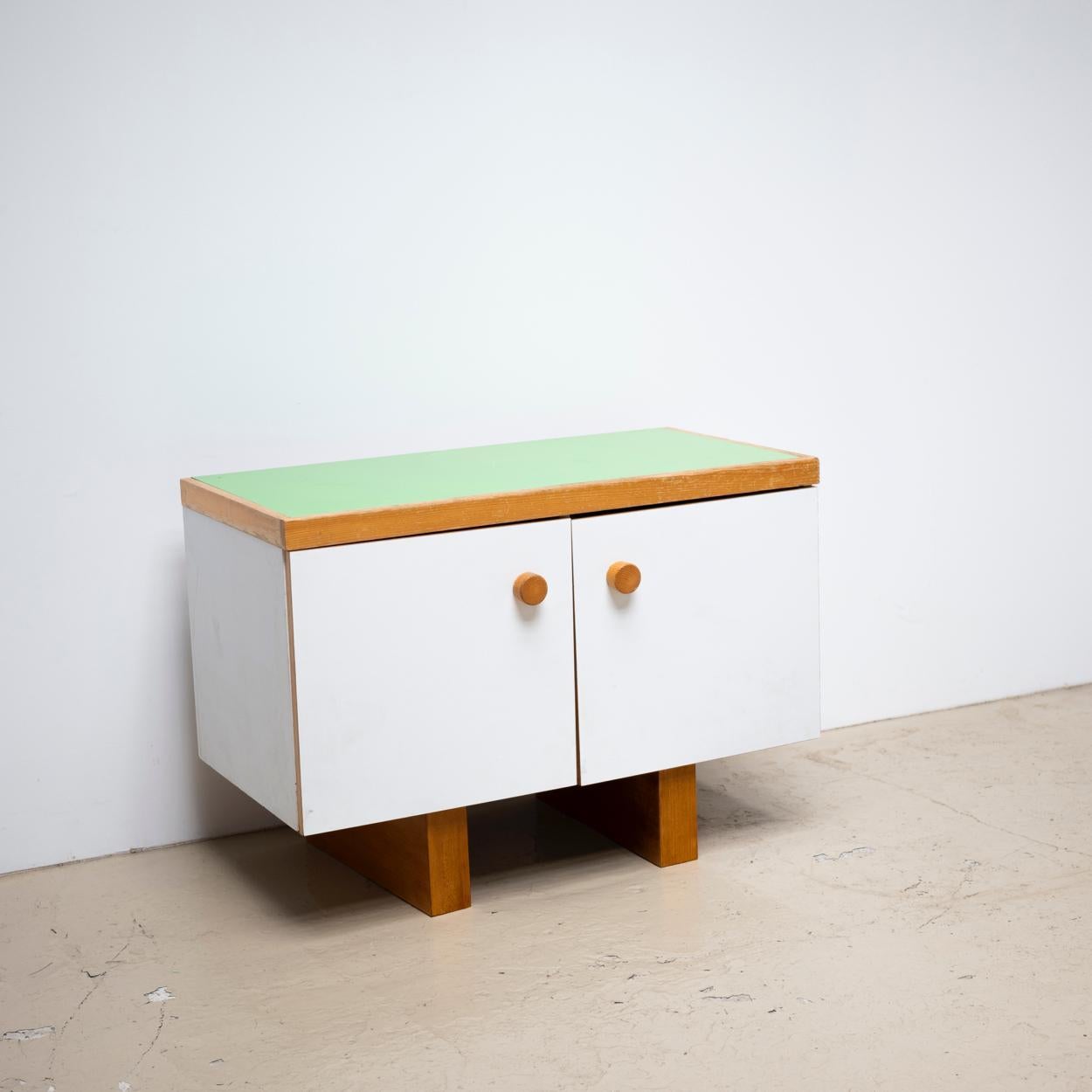 French Charlotte Perriand Side Board from Les Arcs, 2 Doors, Green Top For Sale