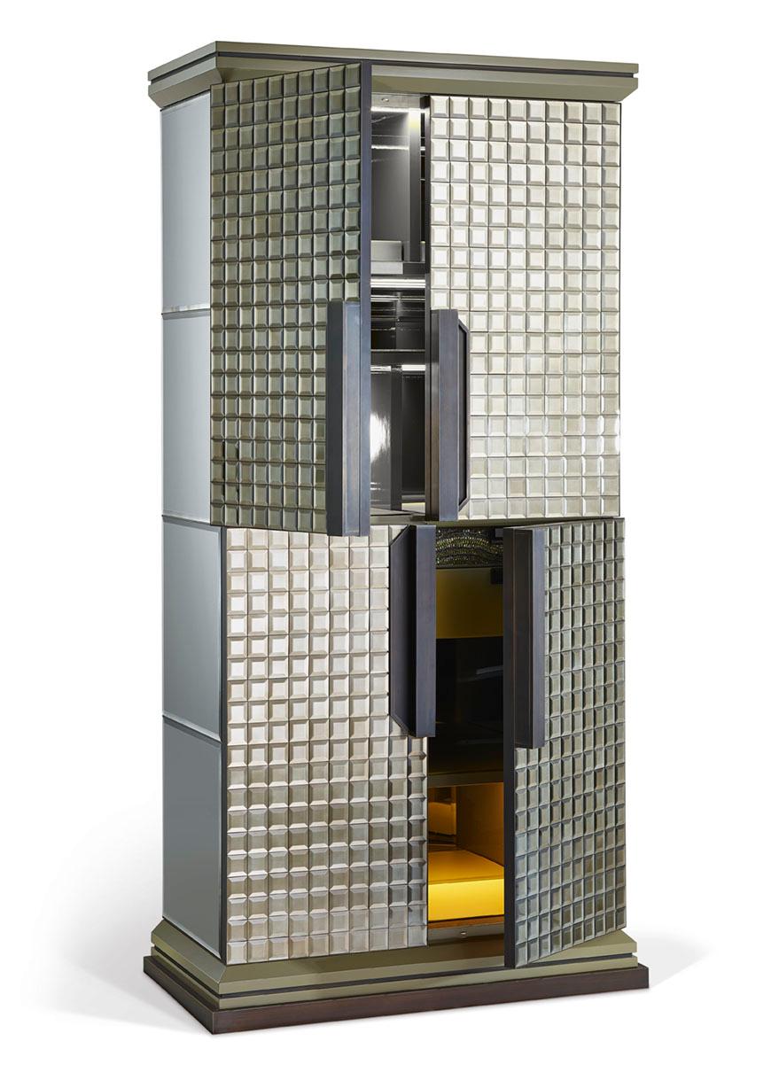 Italian Cabinet Glossy Lacquered Doors Decoreted Diamonds Cut Chips Led Ligh Sensor Ins For Sale
