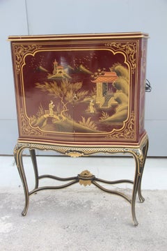 Cabinet Gold Lacquered Wood Red Italian Mid-Century Modern Design Bar 1950