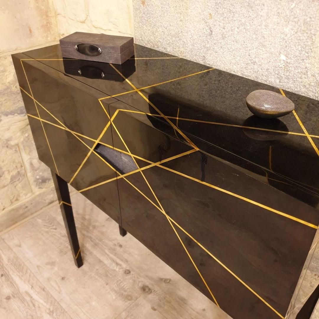 Art Deco Cabinet in Black Marquetry and Brass by Ginger Brown