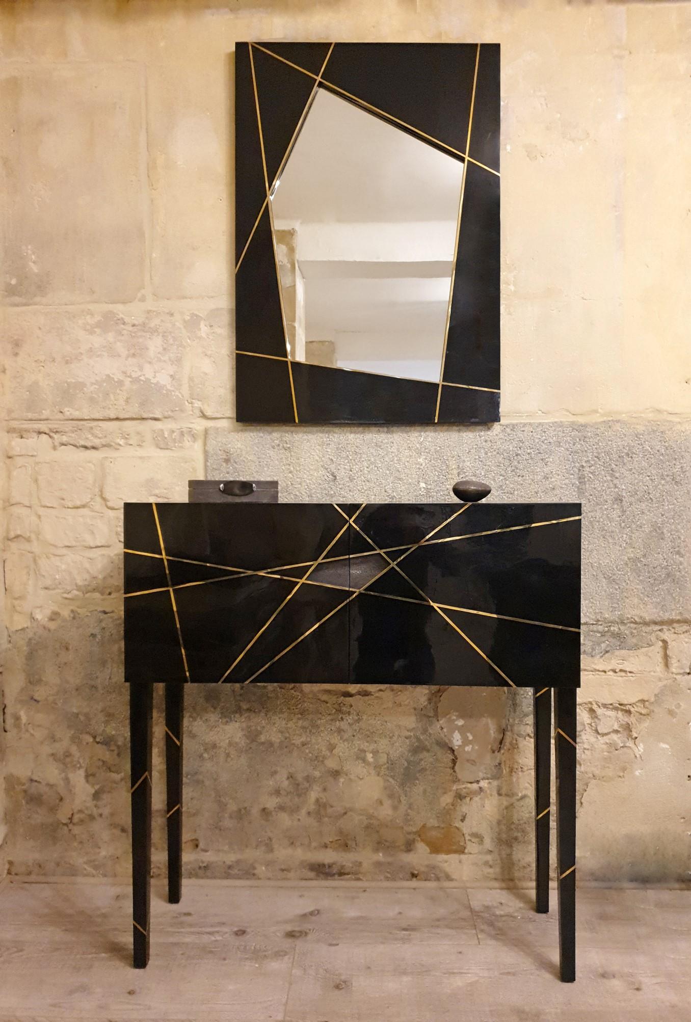 French Cabinet in Black Marquetry and Brass by Ginger Brown