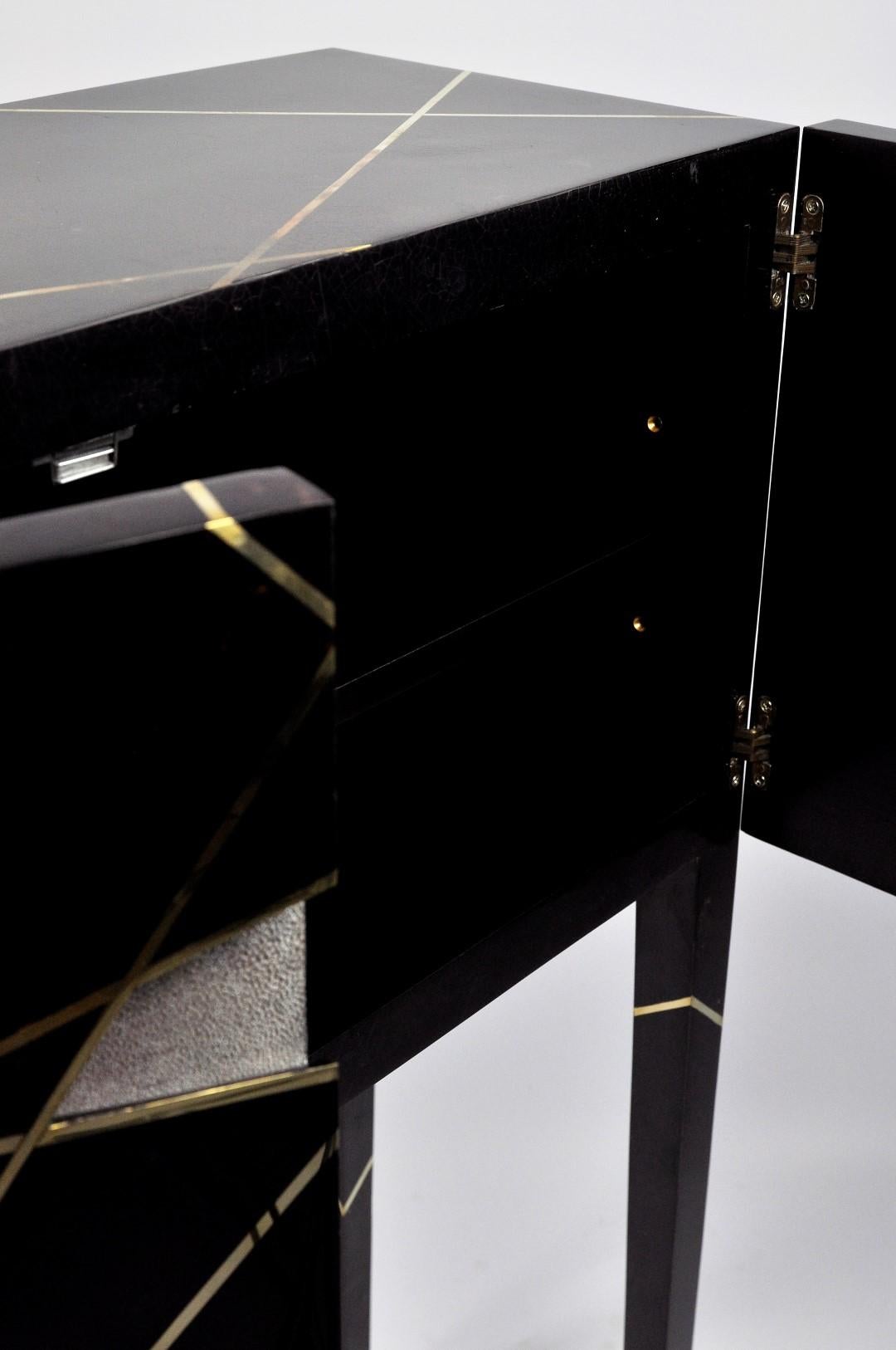 Hand-Crafted Cabinet in Black Marquetry and Brass by Ginger Brown
