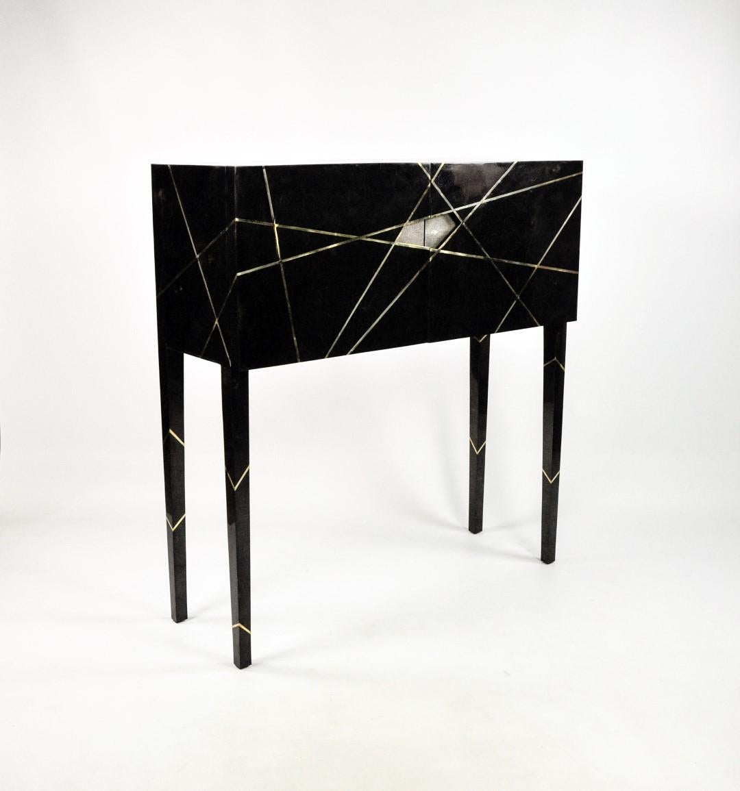 Contemporary Cabinet in Black Marquetry and Brass by Ginger Brown