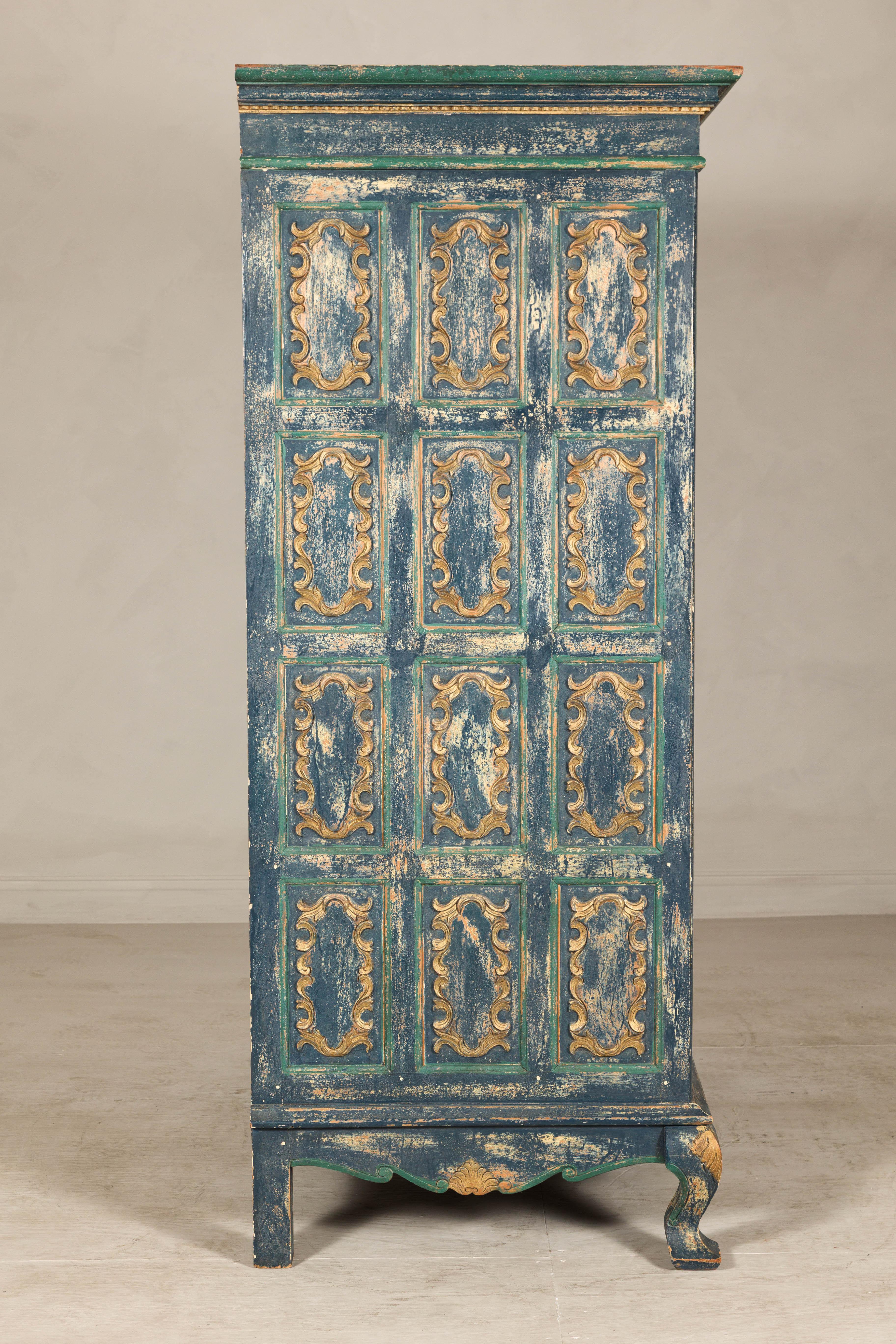 Indonesian Cabinet in Blue Patina with Carved Doors and Cabriole Legs For Sale