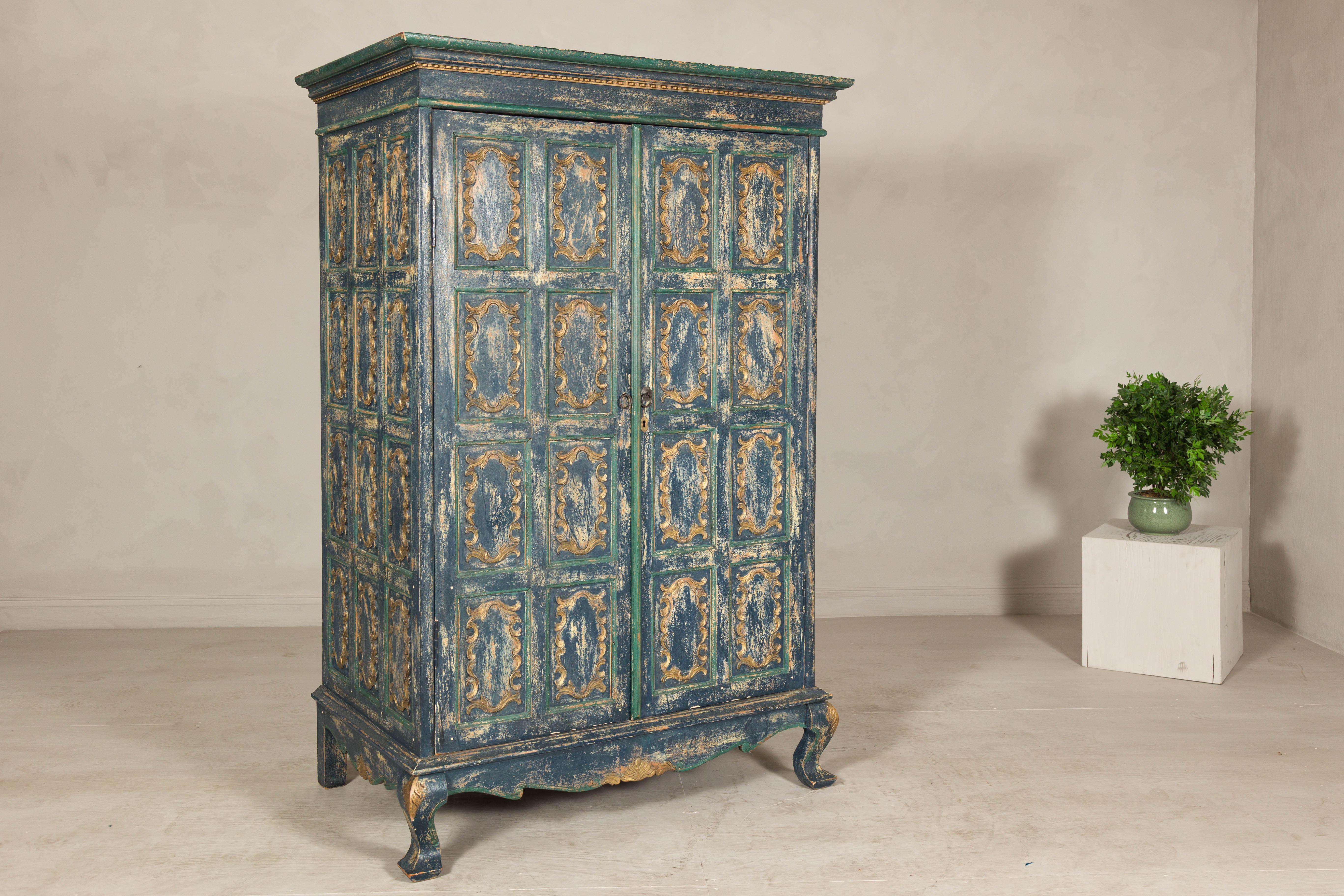 Cabinet in Blue Patina with Carved Doors and Cabriole Legs In Good Condition For Sale In Yonkers, NY