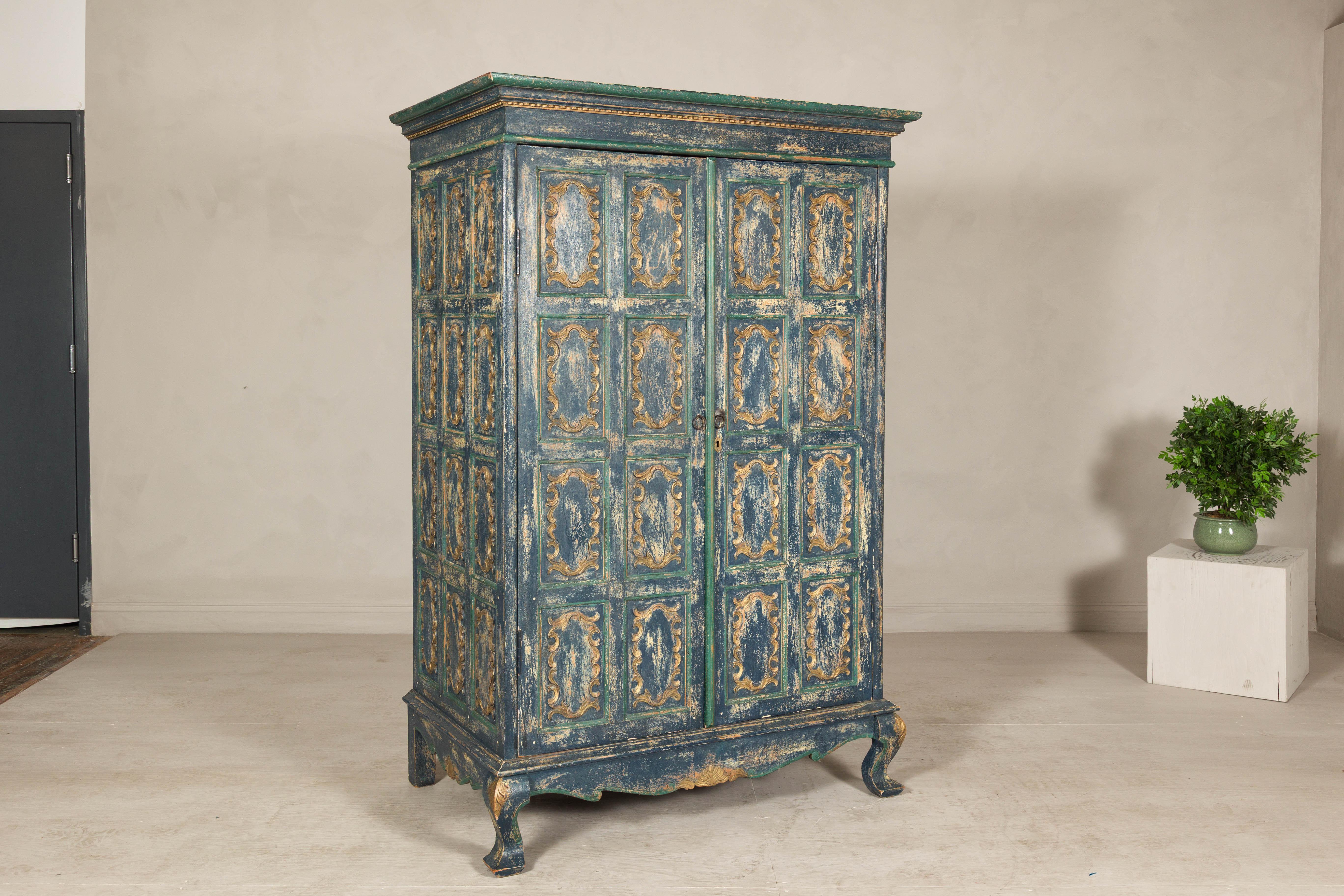 20th Century Cabinet in Blue Patina with Carved Doors and Cabriole Legs For Sale