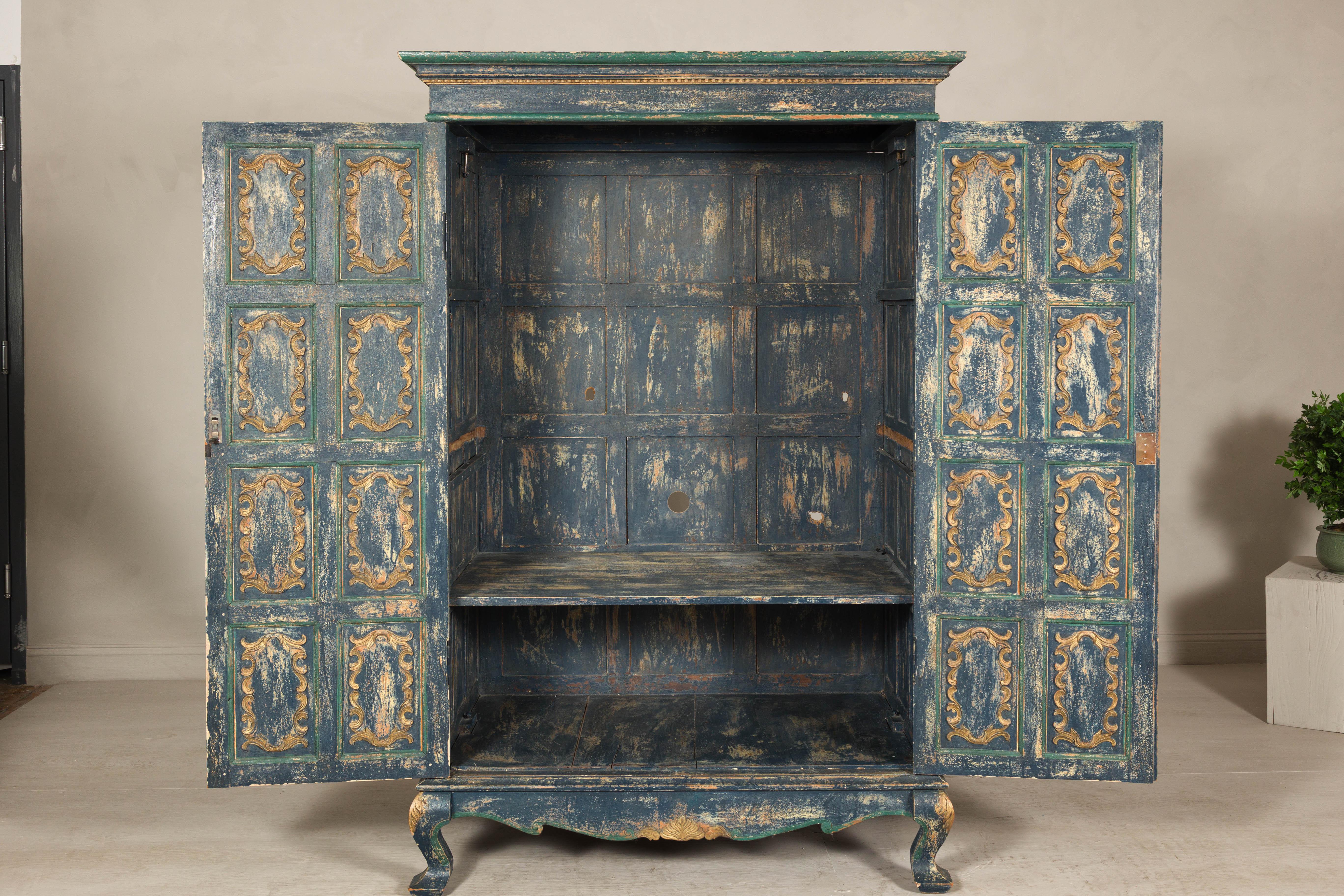 Wood Cabinet in Blue Patina with Carved Doors and Cabriole Legs For Sale