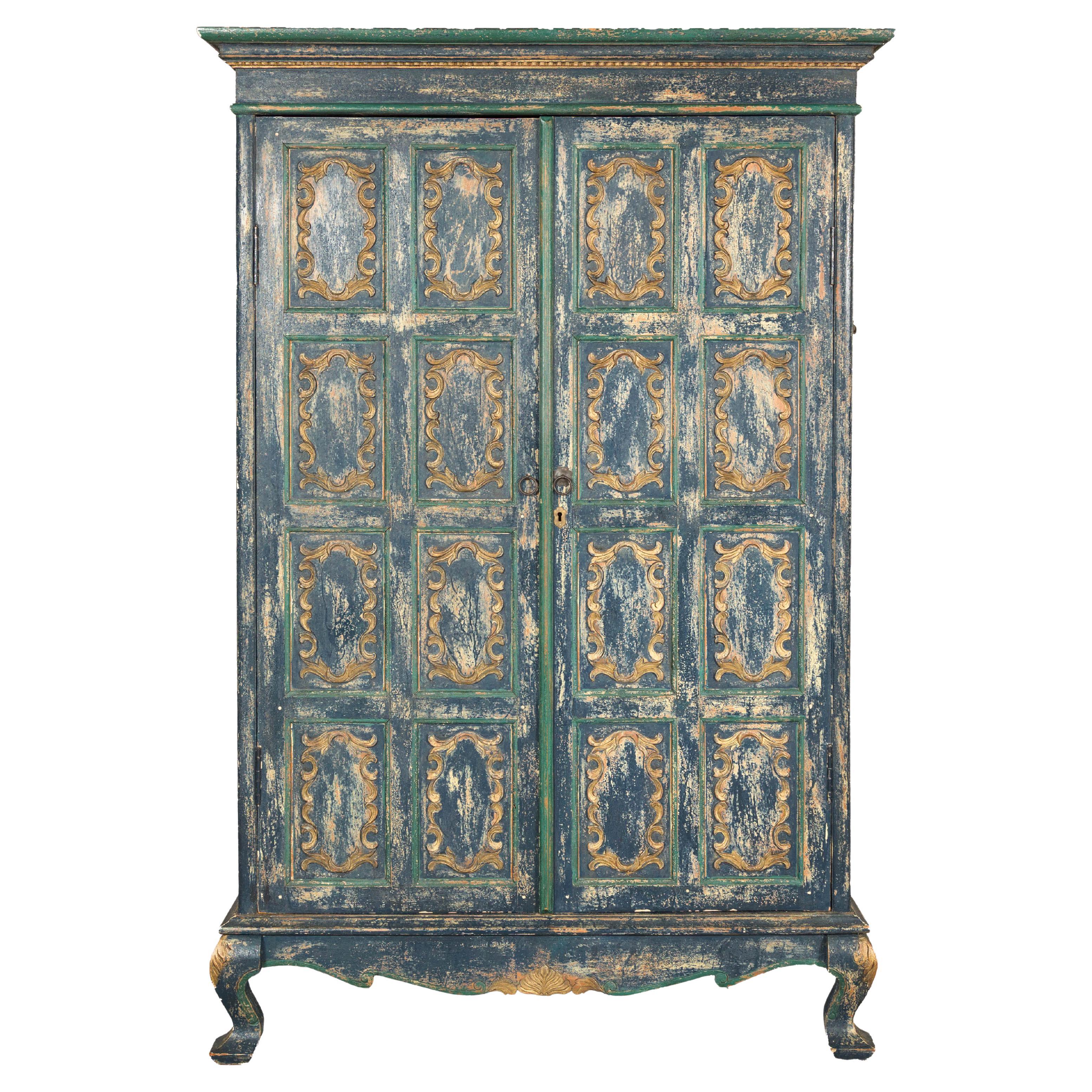 Cabinet in Blue Patina with Carved Doors and Cabriole Legs