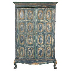 Cabinet in Blue Patina with Carved Doors and Cabriole Legs