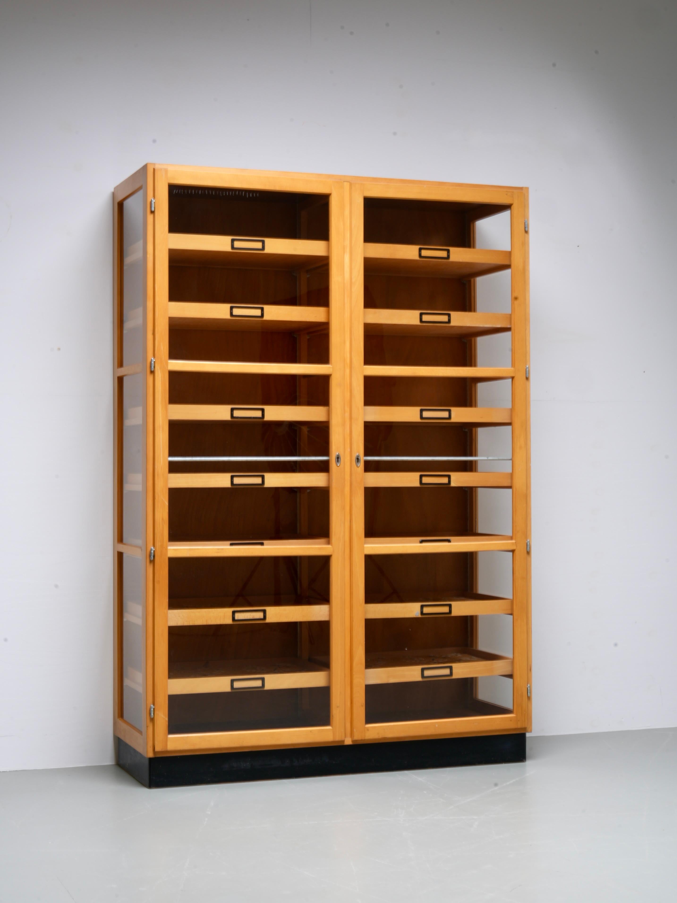 Mobile in vetro e Wood, Germania, anni '60

L'armadio è dotato di più cassetti con interni rivestiti di recente, che possono essere facilmente sostituiti con un materiale diverso se lo si desidera. La combinazione di vetro e legno conferisce un