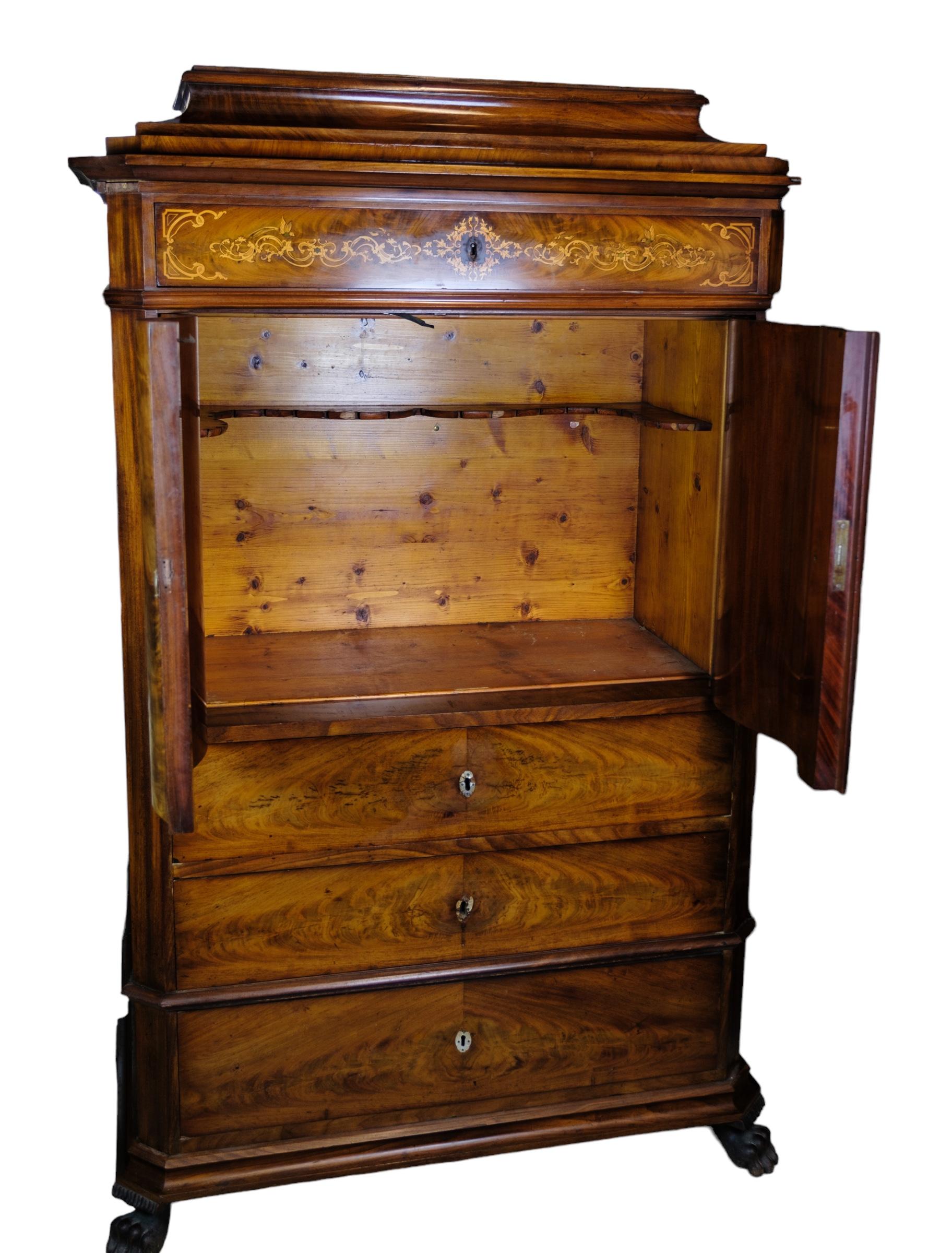 Danish Cabinet in Polished Mahogany and Walnut with Intarsia from the 1880 For Sale