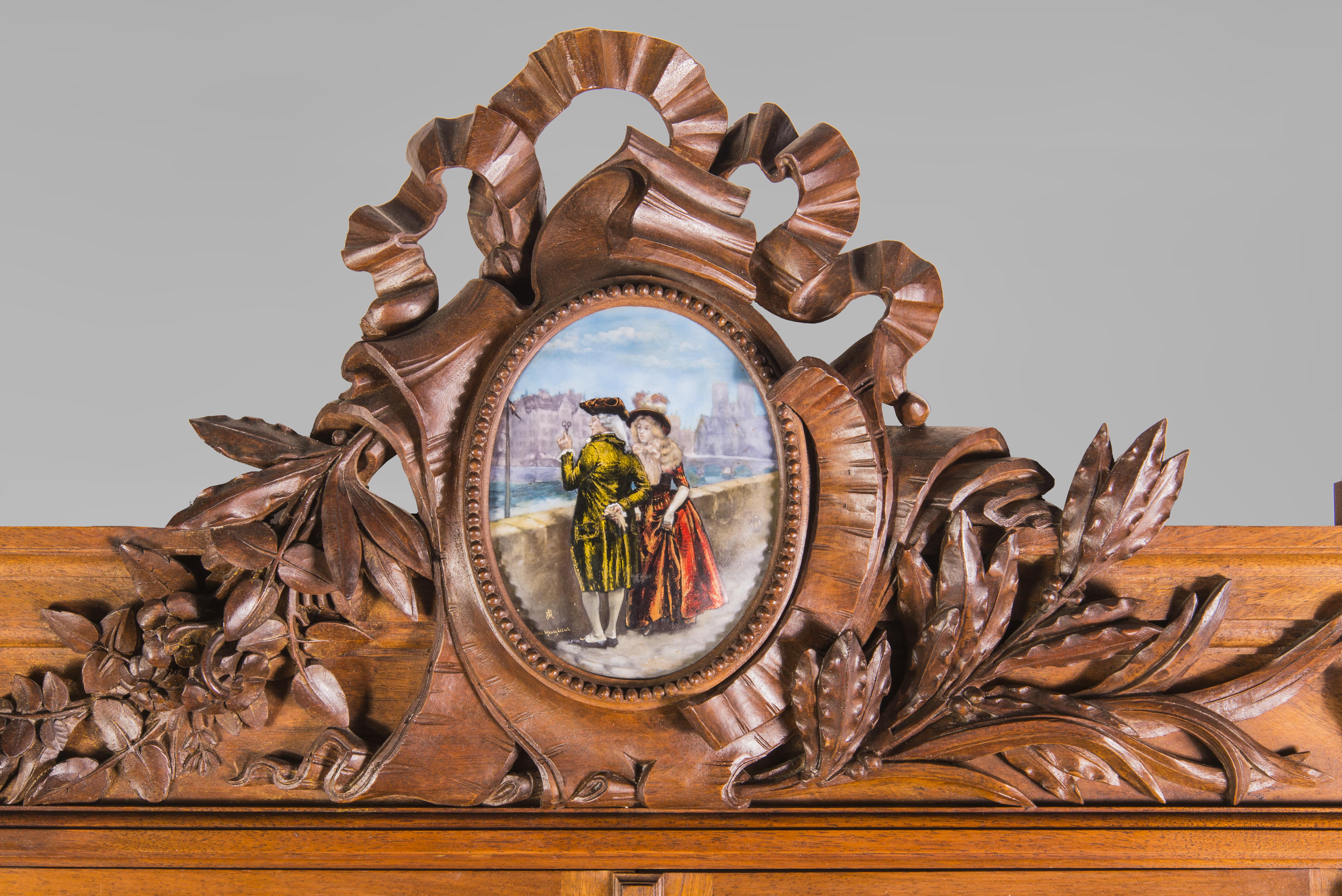 Napoleon III Cabinet in Walnut Molded and Carved with Enamelled Plates Decoration For Sale