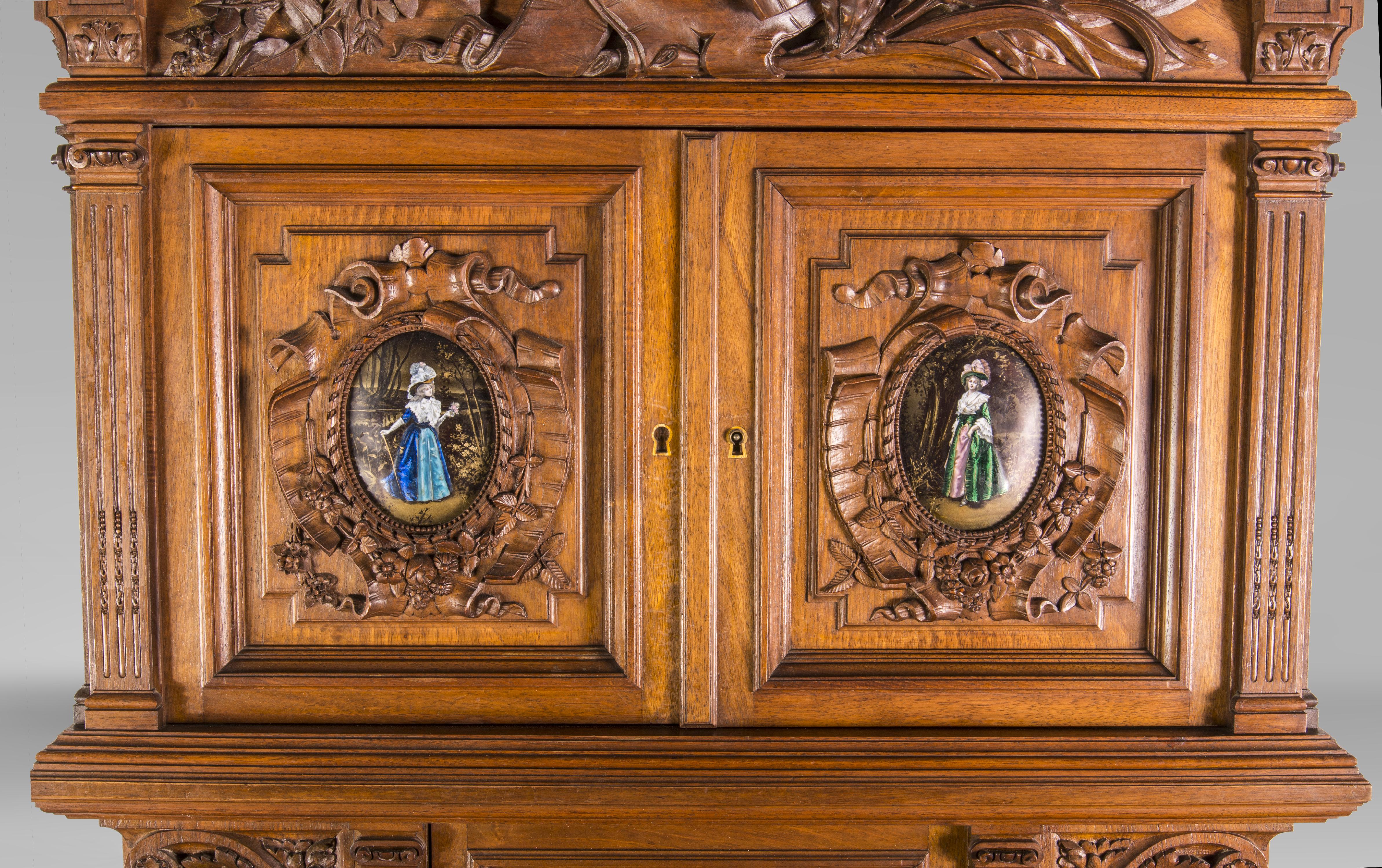 French Cabinet in Walnut Molded and Carved with Enamelled Plates Decoration For Sale