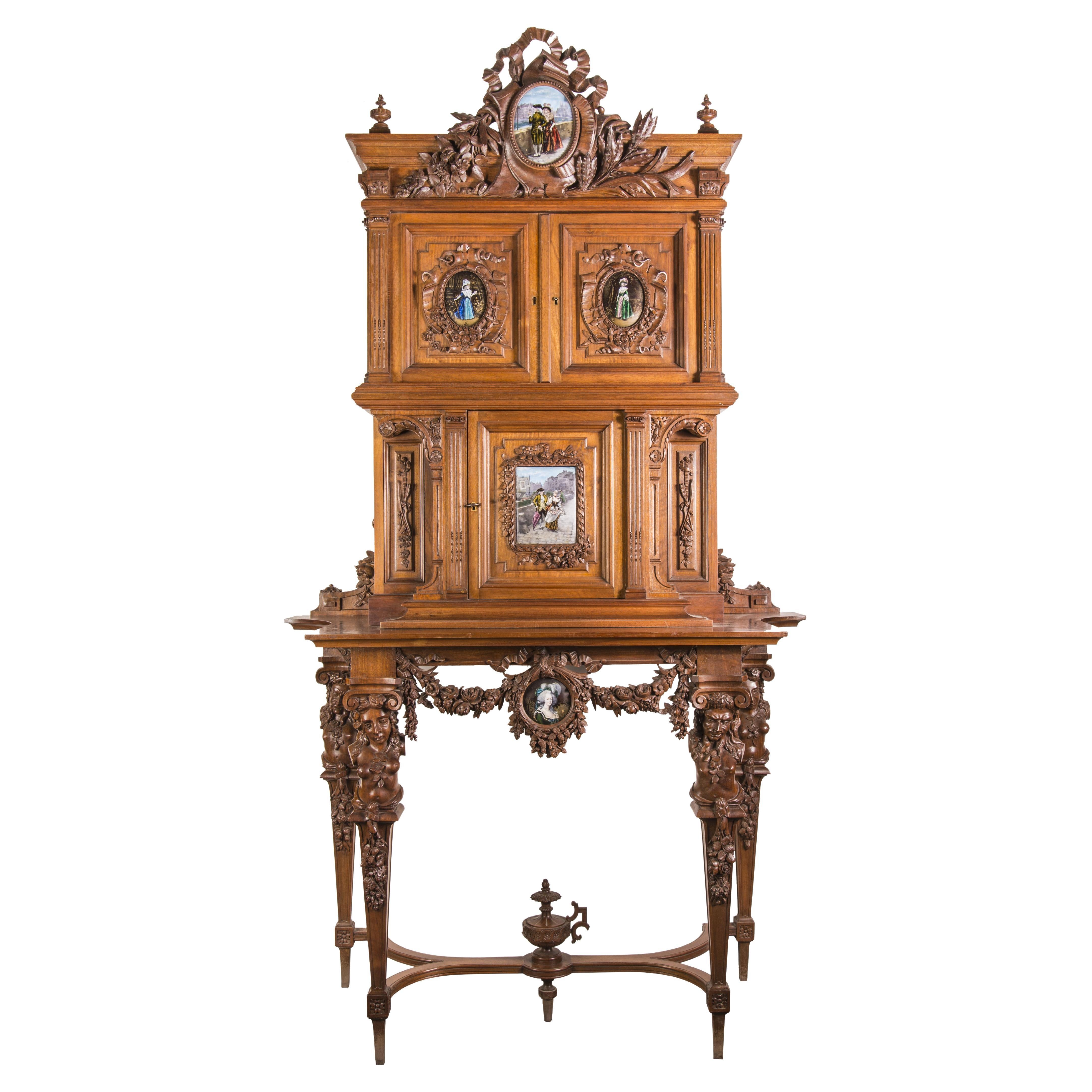 Cabinet in Walnut Molded and Carved with Enamelled Plates Decoration For Sale