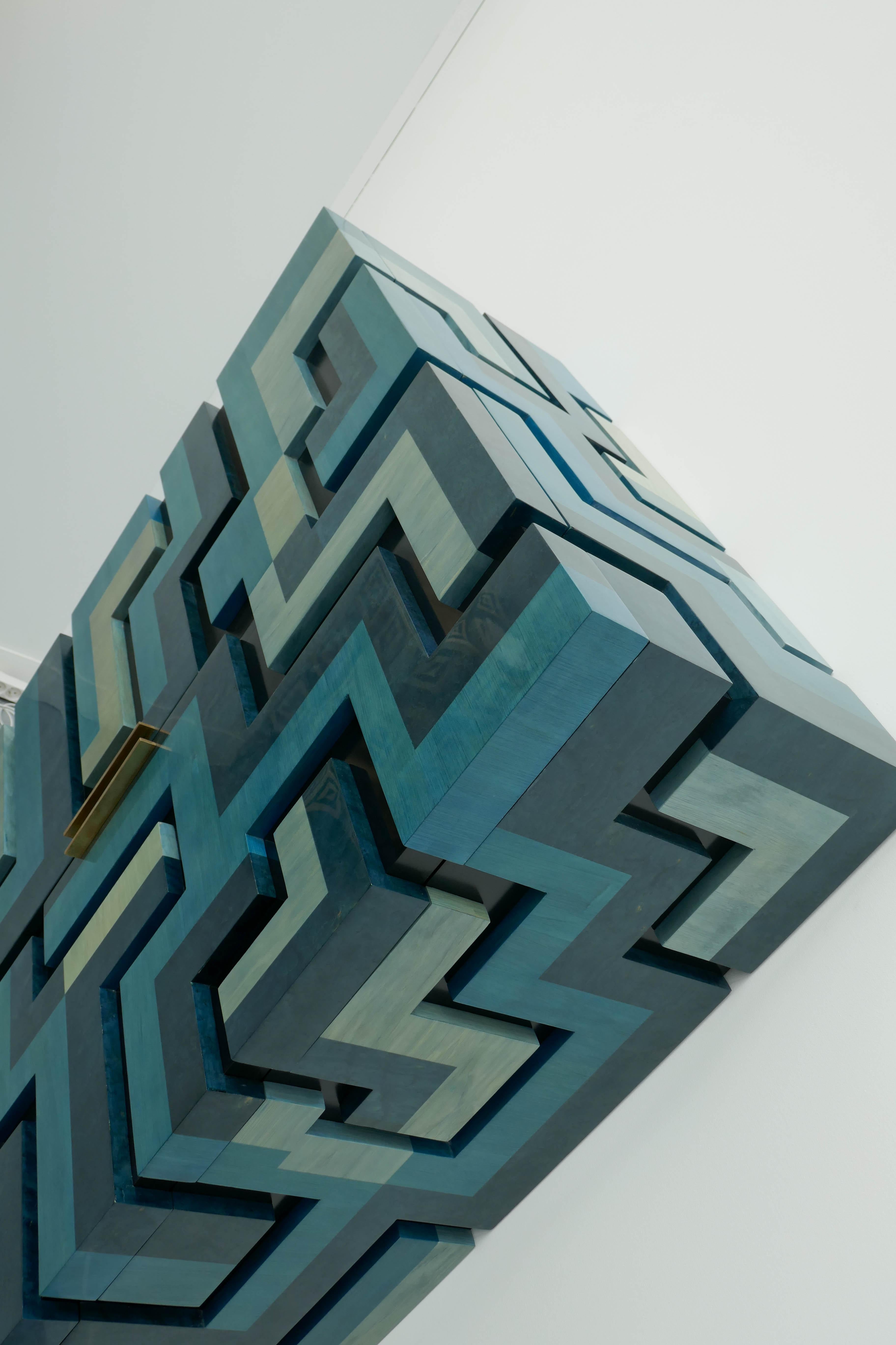 Marquetry New  Blue and grey tinted wood Cabinet Made To Order For Sale